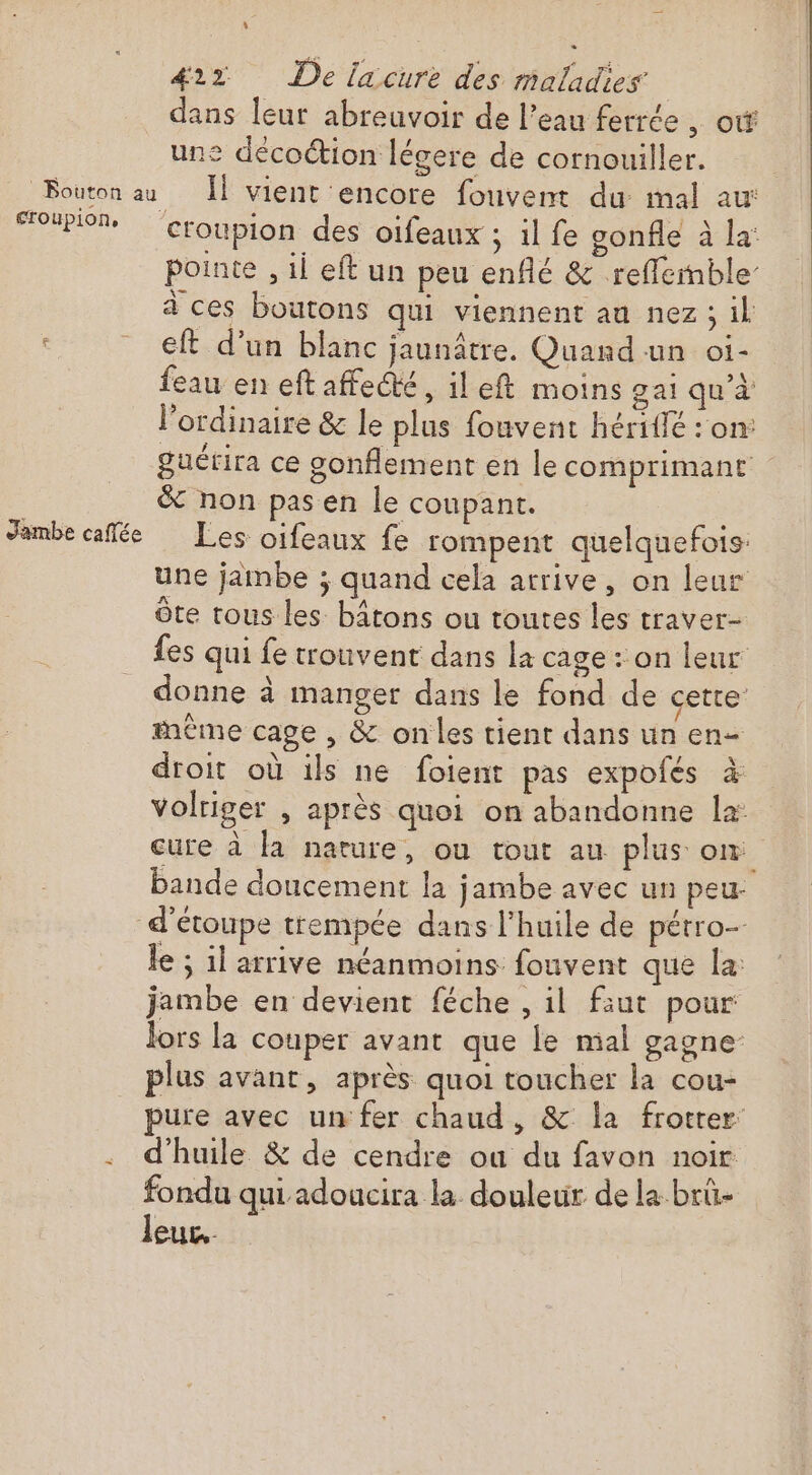 dans leur abreuvoir de l’eau ferrée , ov une décoction légere de cornouiller. Bouton au Il vient encore fouvent du mal au: FHP9% croupion des oifeaux ; il fe gonfle à la: pointe , il eft un peu enflé &amp; reffemble à ces boutons qui viennent au nez; il eft d’un blanc jaunâtre. Quand un oi- feau en eft affecté, il eft moins gai qu'à ordinaire &amp; le plus fouvent hérilé : on: guérira ce gonflement en le comprimant è non pas en le coupant. Jambe calle Les oifeaux fe rompent quelquefois: une jambe ; quand cela atrive, on leur ore tous les bâtons ou toutes les traver- fes qui fe trouvent dans la cage : on leur _ donne à manger dans le fond de cette meme cage, &amp; on les tient dans un en- droit où ils ne foient pas expofés à volriger , après quoi on abandonne la: cure à la nature, ou tout au plus ON bande doucement la jambe avec un peur d’étoupe trempée dans l'huile de pérro-- le ; il arrive néanmoins fonvent que la: jambe en devient féche , il fiut pour lors la couper avant que le mal gagne- plus avant, après quoi toucher la cou- pure avec un fer chaud, &amp; la frotter d'huile &amp; de cendre ou du favon noir fondu qui adoucira la douleur de la brû- leur. -