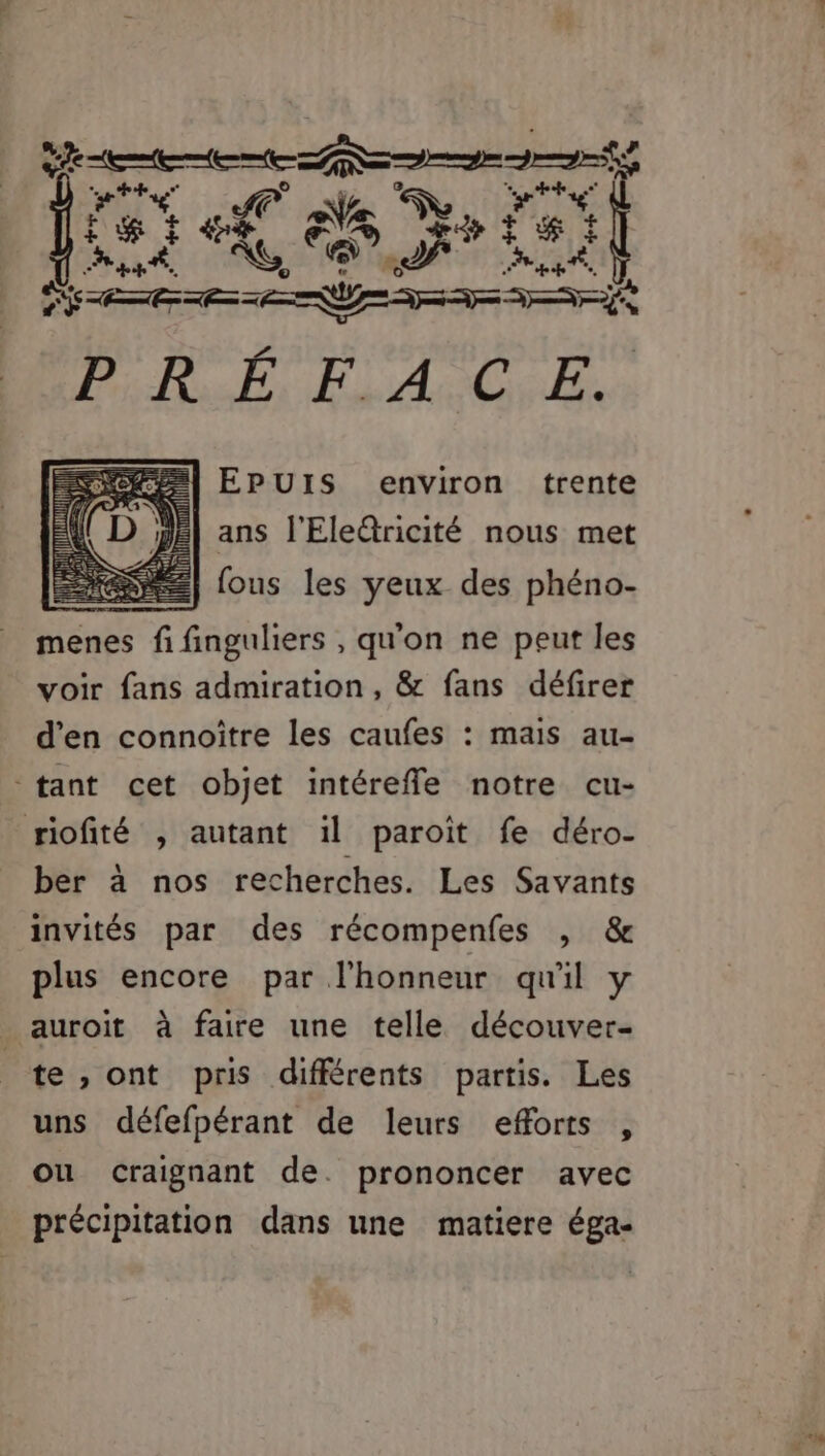 rein ? tete PC Ne Se, ie NT 4 À, Fe 4 FR? F 5 À fé NE Al 23 08 C0 UE TARN PET EN EPUIS environ trente ans l'Electricité nous met fous les yeux des phéno- menes ER ends : qu'on ne peut les voir fans admiration, &amp; fans défirer d'en connoître les caufes : mais au- tant cet objet intéreffe notre cu- riofité , autant il paroît fe déro- ber à nos recherches. Les Savants invités par des récompenfes , &amp; plus encore par l'honneur qu'il y _auroïit à faire une telle découver- te, ont pris différents partis. Les uns défefpérant de leurs efforts , ou craignant de. prononcer avec précipitation dans une matiere éga-