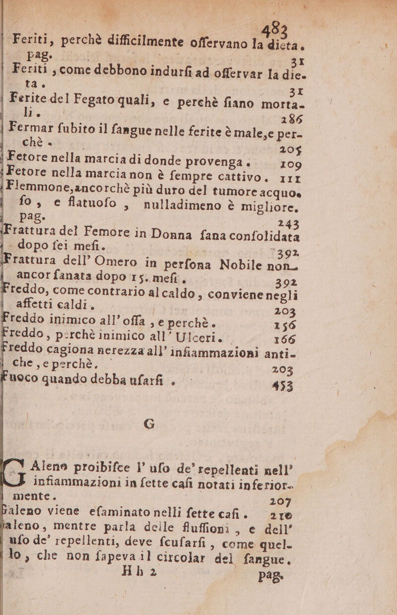 | Feriti, perchè difficilmente offervano la dista, RS, 15921 e] (Des? - 3I Feriti, come debbono indurfi ad offervar la die. ta. 3I Ferite del Fegato quali, e perchè fiano morta. E Hh. 186 | Fermar fubito il fangue nelle ferite è male,e per- | ché. 20$ | Fetore nella marcia di donde provenga. j Fetore nella marcia non è fempre cattivo. III | Flemmone,ancorchè più duro del tumore acquoe | fo, e flatuofo, nulladimeno è migliore, pag. 24 Frattura del Femore in Donna fana confolidata | - dopo fei mefi. 72391. &amp;rattura dell’ Omero in perfona Nobile non. ancor fanata dopo 15. mefi. 392 Freddo, come contrario al caldo s Conviene negli affetti caldi. j 203 reddo inimico all’ offa , e perchè. 156 Freddo, p:rché inimico all’ Ulceri. - 166 reddo cagiona nerezza all’ infiammazioni anti- | Che,eperché, ` 203 uoco quando debba ufarfi &gt; ` 453 G Aleno proibifce l’ ufo de’ repellenti nell’ n infiammazioni in fette cafi notati inferior. | mente. 207 baleno viene efaminato nelli fette cafi. — are aleno, mentre parla delle fluffioni , e dell’ | ufo de’ repellenti, deve fcufarfi, come quel. ilo, che non fapeva il circolar del fangue, aT Hh 2 page