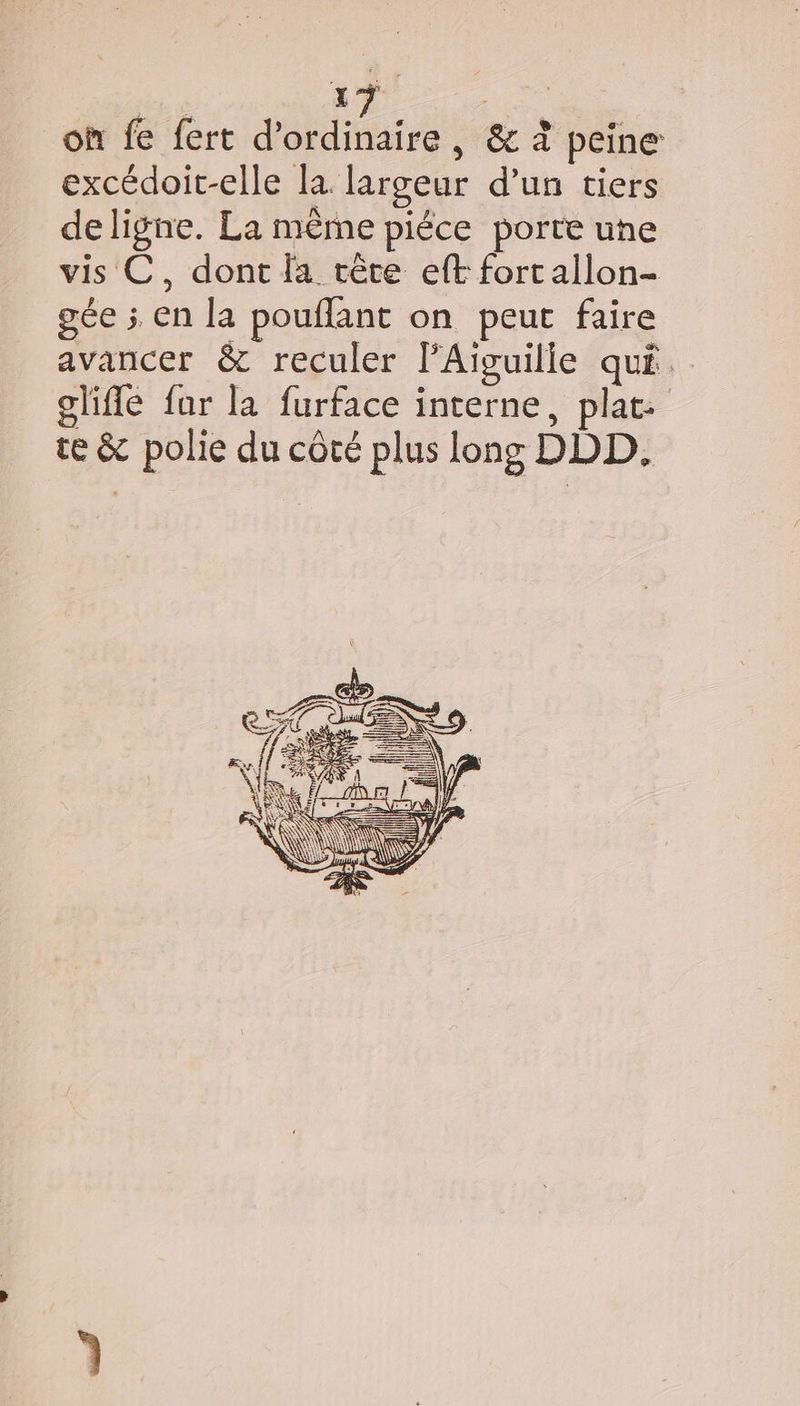 où fe fert d'ordinaire, &amp; à peine excédoit-elle la largeur d’un tiers deligne. La même piéce porte une vis C, dont fa tête eft fort allon- gée s en la pouflant on peut faire avancer &amp; reculer lAïvuille qui glifle far la furface interne, plat: te &amp; polie du côté plus long DDD. h dy |