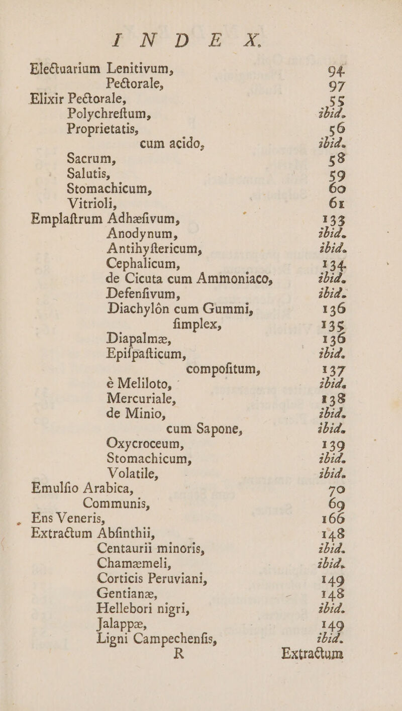 WX AN BD E IA Electuarium Lenitivum, Pe&amp;orale, Elixir Pe&amp;orale, Polychreftum, Proprietatis, cum acido, Sacrum, Salutis, Stomachicum, Vitrioli, Emplaftrum Adhzfivum, Anodynum, Antihyftericum, Cephalicum, de Cicuta cum Ámmoniaco, Defenfivum, Diachylón cum Gummi, fimplex, Diapalmz, Epifpafticam, compofitum, é Meliloto, Mercuriale, de Minio, cum Sapone, Oxycroceum, Stomachicum, Volatile, Emulfio Arabica, Communis, , Ens Veneris, Extractum Abfinthii, Centaurii minoris, Chamzmeli, Corticis Peruviani, Gentianz, Hellebori nigri, Jalappz, Ligni Campechenfis, R Extractum