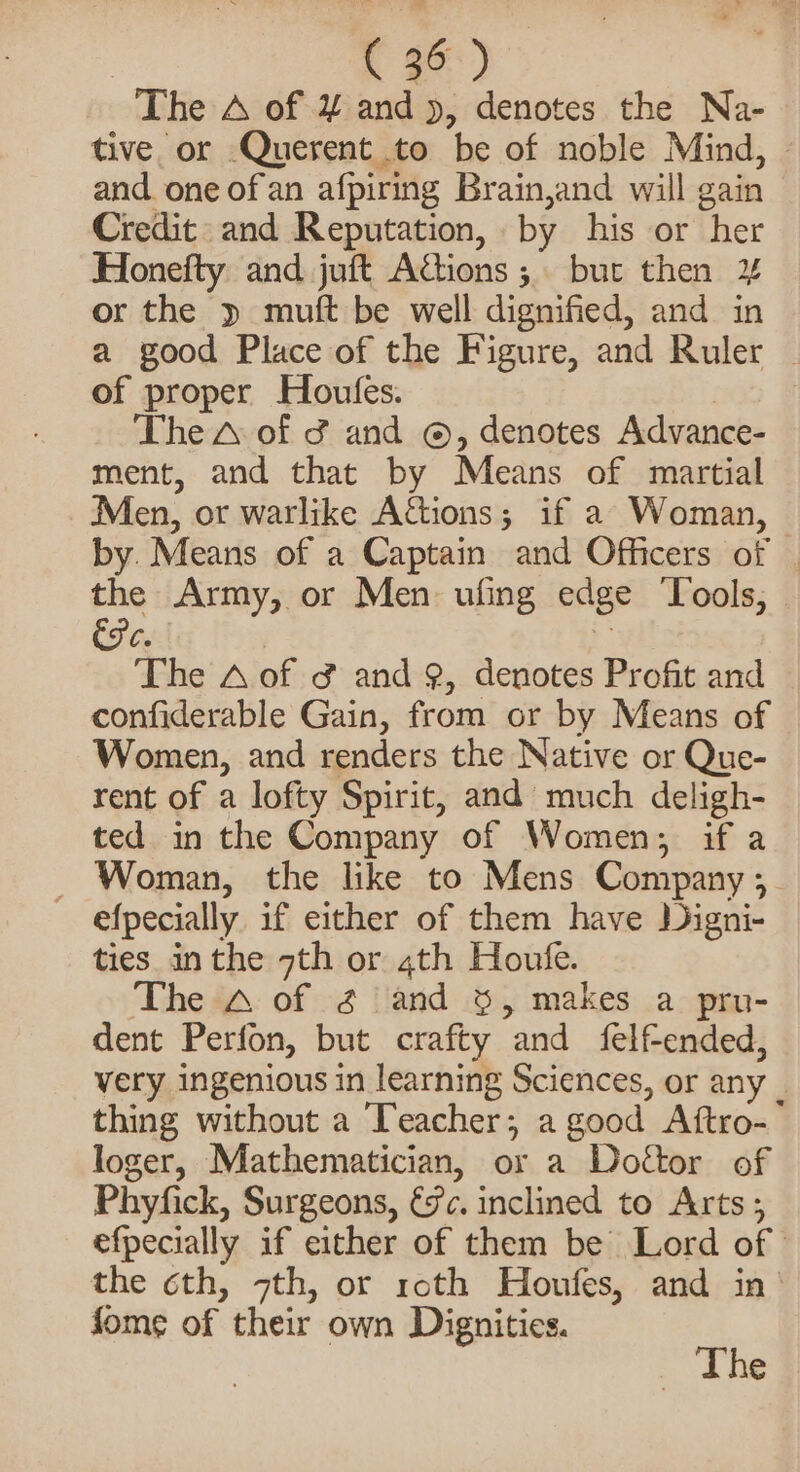 The A of ¥ andy, denotes the Na- tive or Querent to be of noble Mind, — and one ofan afpiring Brain,and will gain Credit and Reputation, by his or her Honefty and juft Aions; bur then % or the » mutt be well dignified, and in a good Place of the Figure, and Ruler | of proper Houfes. The A of &amp; and ©, denotes Advance- ment, and that by Means of martial Men, or warlike Adions; if a Woman, by. Means of a Captain and Officers of | the Army, or Men ufing edge ‘Tools, Ge The A of &amp; and 9, denotes Profit and confiderable Gain, from or by Means of Women, and renders the Native or Que- rent of a lofty Spirit, and much deligh- ted in the Company of Women; if a -~ Woman, the like to Mens Company ;_ — efpecially if either of them have Digni- ties inthe 7th or 4th Houle. The A of 2 and $%, makes a pru- dent Perfon, but crafty and felf-ended, very ingenious in learning Sciences, or any | thing without a Teacher; a good Aftro- loger, Mathematician, or a Dofttor of Phyfick, Surgeons, €?c. inclined to Arts ; efpecially if either of them be Lord of the cth, 7th, or roth Honfes, and in| fome of their own Dignities.