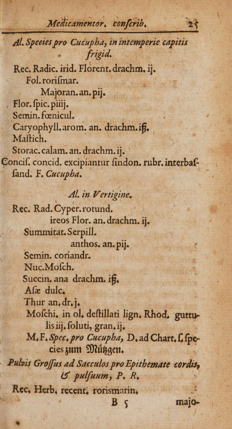 is Medi zapientor, Te | Y Zl. Species pro Cucupha, i in intemperie capitis | hal fripie. | Rec. Radic. irid. Florent. drachm. j. Fol.rorifmar. : ... Majoran.an. Pi | , Flor. fpic. piiij. | Semin.foenicul, : Caryophyll.arom. an. drachm. ! Mafttich. Storac. calam. an. drachm.ij. Concif. concid. excipiantur findon. rubr. inrerbal vn fand. F. Cucupba. L2 | j &amp; Ml. in. FL ertigine. ij Rec. Rad. Cyper. rotund. Me e ireos Flor. an. drachm. ij. Summitat. Serpill. anthos. an. pij. Semin. coriandr. Nuc.Mofch. ! Succin. ana drachm. iff, Aíx dulc, Thur an,dr,j.- L4 Mofchi, in ol, deftillati lign, Rhod, gunr lisiij, foluti, gran. ij. M,F, Spec, pro Cucupba, D,ad Chart, f; fe | cies gum Stifgen, | | Pulois Groffus ad Saeculos pro Epitbemate eris | 0 pulfuum, P, Ry . Rec, Herb, recent; rorismatin, —-———— à | mue d Bs majo