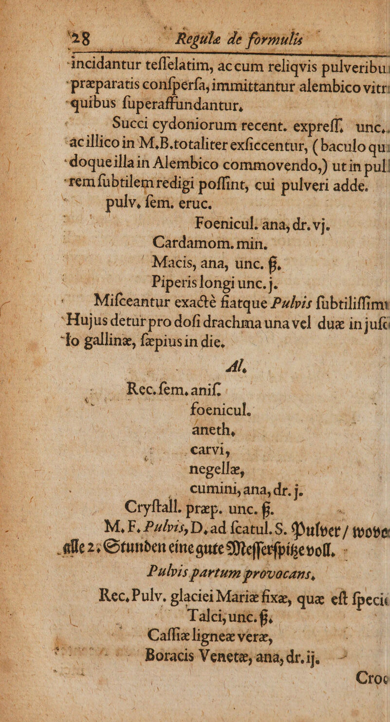 iati: UTR &amp; ulveribu praeparatis confpería,immittantur alembico vitr: quibus füperaffundantur, - Ho Qe] ' , Succicydoniorum recent. expreff, unc. '&amp;cillicoin M.B.totaliter exficcentur, ( baculo qu: doqueillain Alembico commovendo,) utin pul: rem fübtilem redigi poffint, cui pulveri adde. WS pulv. fem. eruc. - ; 3 age: Foenicul. ana, dr. vj. Cardamom. min. | . Macis, ana, unc. fj. Piperislongiunc.j. Hujus detur pro dofi drachma una vel duz in jufó lo galline, fepiusin die, Eu. 4l, «c eodem. anf, : j foenicul. qp aneth, : is cca UES e. negelle, | , cumini,ana,dr.j. Cryftall. prp. unc. f. ^ M, F, Pulvis, D, ad fcatul. S. 9vufter / tope Pulvis partum provocans, | Rec, Pulv. glaciei Marie fixe, qua eft fpecic Lo CC CU dle uei LM m WO Caffielignez verz, 15777 0s Borads Venetsyanaydrij ^ 9 | | Croc
