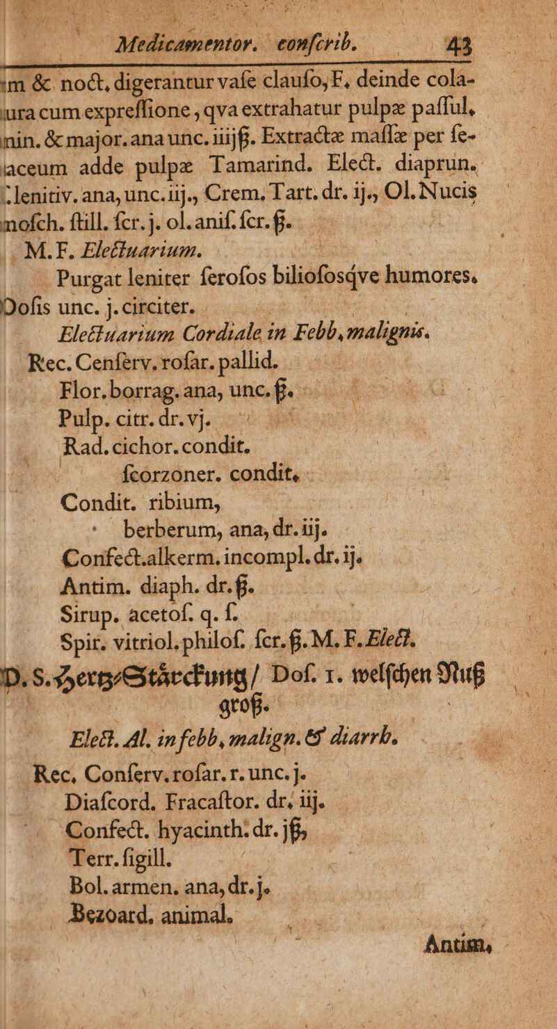 c VMMOBerU ia. co m T3 noct, digerantur vafe claufo,F, deinde colá- 'ura cum expreffione , qva extrahatur pulpz pafful, nin. &amp; major.ana unc. iiij. Extractz maffz per fe- iaceum adde pulpz Tamarind. Elect. diaprun.. -.lenitiv. ana, unc.iij., Crem, Tart. dr. 1j., Ol. Nucis nofch. ftill. fcr. j. ol.anif. fcr. f. M.F. Eletluarium. Purgat leniter dicis bildfo:dve, humores Dofis unc. j. circiter. Eletluarium Cordiale i in Febb, malignis. Kec. Cenférv. rofar. pallid. / Flor.borrag. ana; unc. f. Pulp. citr. dr. vj. 4 Rad. cichor. condit. Ícorzoner. condit, - Condit. ribium, berberum, ana,dr.uj. Confect.alkerm. incompl. dr. ij. Antim. diaph. dr. f. Sirup. acetof. q. f. Spir. vitriol.philof. (cr. f. M.F. Eie. D. S. 5erp/estácchung * Dof. 1. tel(d)en n -. eof. Eledl. Al. in febb, malign. 8 diarrb. Rec. Conferv. rofar. r. unc. j. .... Diafcord. Fracaftor. dr. iij. . Confed. hyacinth. dr. Mi Terr. figill. Bol. armen. ana, dr.j j . Bezoard, animal, ibi | Anum, -