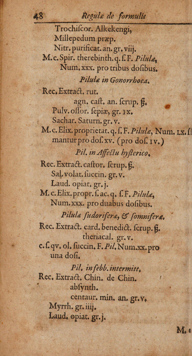 to chicos Alkckeng - LI EE Millepedum qup e . Nitr, purificat.an. gnvüj M.c.Spir. therebinth.q. £F. Pria, Num, xxx. pro tribus dofibus, Ü Pula i 77 Gonorrbaca. : Ret Exttact, rut, agn, caft, an. ferup. &amp; Pulv. offor, fepize,. gr. IX, | e E pr a rh. NR E lix. proprietat. q. .LF. Pille, Nu di ro dof: xv. (pro dof. 1v) v des Pil. in Affitiu byfierico, i Rec. Extract. caftor, icrup.g. Sal.volat. fuccin. gr. v. . Laud. opiat, gr. j. M. c. Elix. propr. fac. q. £F, Pila, p Num.xxx. pro duabus dofibus.- | - Pilule f'dorifera, y fomnifeva, T [ (- Rec. Extract. card, benedidt, fcrup. f. : L. thetiacal. gr... : EW ^ cfqvsel fuccin, F, Pil, Num.xx. pro MW um : una dol) ^.  EU. o Pil, £n feli. PAP b Rec, Extract, s isina de Chin. i ES SV i min, án. ghe E Myr. gr.iij. WM D | | E | Land. opiat. 8). T PAPE, ; Wu OM B Dy 2 MES di
