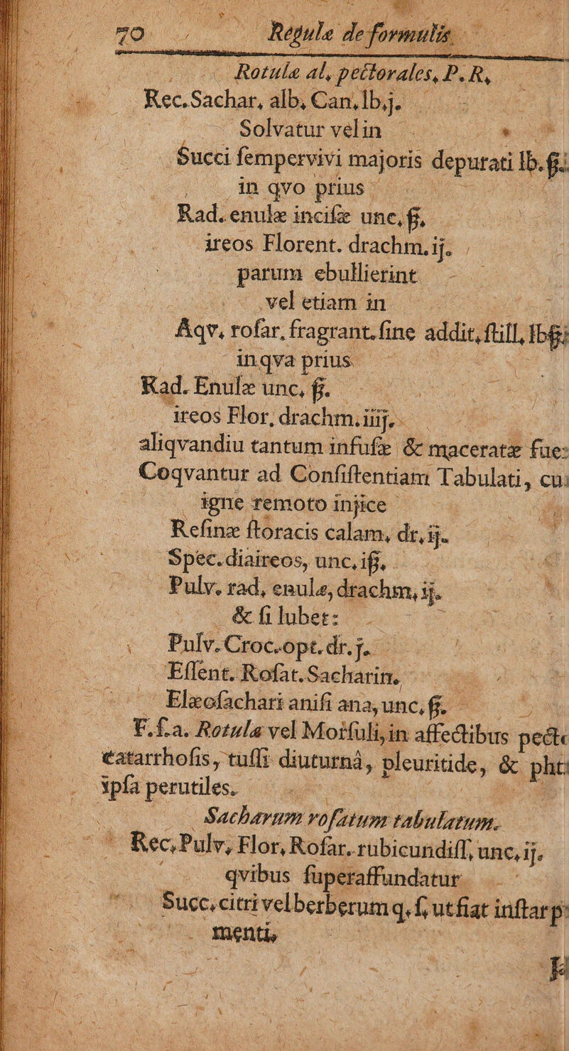 / 2nd T Ronda P | petras, P. As ow Rec Sachar, alb, Can,lbj. | d: od Solvatur velis ^. hom .. Succi fempervivi majoris depurati Ib. f£ in qvo prius | i Rad. enule incife une, f, ireos Florent. drachm.i ij. parum ebullierint. . — vel etiam in. Aqv, rofar, fragrant. fine stis ai inqvaprius - Kad. Enulz unc, E v ireos Flor, drachm.iij,. — aliqvandiu tantum infufe &amp; maceratz fue: Coqvantur ad Confiftentiam Tabulati, cu igne remoto injice Refinz ftoracis calam, dr, ij. ^ Spec.diaireos, unc, if. is Pulv, rad, enulz, drachm, i j. o HEUS &amp;filuber: . 3 Pulv.Croc. Opt.dr.j. - / Eflent. Rofat. Sacharin., - Eleofachart anifi ana, unc. ad | E £a. Rotula vel Mortüli,in affectibus pedi eatarthofis , tuffi- diuturnà, pleuritide, &amp; PF a perutiles. WO Sachargm vofatum tabulatum. ^ Rec, Puls, Flor, Rofar. rübicundiff, unc, ij, qvibus fuperaffundatur. B 2 Buge; citri vel berberum qd utfiat inftar [2 k . menti, ni NS EG