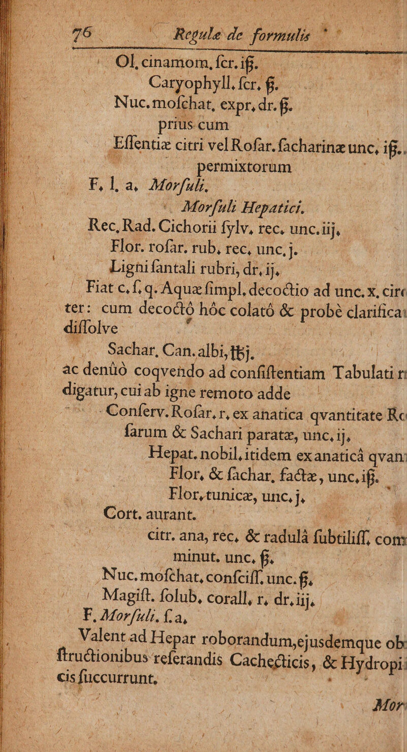 * T4 E 1d M a FARM ud 4 NU 000026. 07 Regule de formulis 500 D (MBA ^ Olcinamom, ird oU i Caryophyllícr.g. Nuc. mofchar, expr, dr. f. s, pEHMCUME 2o oro Mee. Effentiz citri vel Rofar. facharinz unc, if£.. S M imd ? (^ permixtorum rs wa cF la Mee 7 n Mh p - Morfuli Hepatici. o.c Rec, Rad. Cichorii fylv, rec, unc.üij, .. Hor. rofar. rub, rec, unc. j. .. Lignifantali rubri, dij, — — | ' Fiatc, f, q. Aqua fimpl, decoctio ad unc. x. cir« | ter: cum decoctó hóc colató &amp; probé clarifica: nir diflolve  | OUR | P Ty Sachar, Can.albidbj. A AM D (ac denüo coqvendo ad confiftentiam Tabulati r: — —. digatur,cuiab igne feinotoadde -- ^ |» 7 s Conferv. Rofar, r, ex anatica qvantitate Rc farum &amp; Sachari paratz, unc, ij, Hepat. nobil, itidem exanaticá qvan: Flor, &amp; fachar, fa&amp;z, unc,if. Hlor,tunice, unc]; de d Cort. aurant. ES. UM | .. Citt. ana, téc, &amp; radulá fübtiliff; com minut. unc, &amp;. i . ,Nuc. mofthat, confciff. unc. fj. / Í Magift. folub, corall, r dr, iij. mtra (OF. Morfult. fa,  | Valent ad Hepar roborandum,ejusdemque ob: ftructionibus referandis Cachecticis, &amp; Hydropi: cis füccurrunt, NS uxo P. | : | ifia (0v Mo0E | VNDE m 1