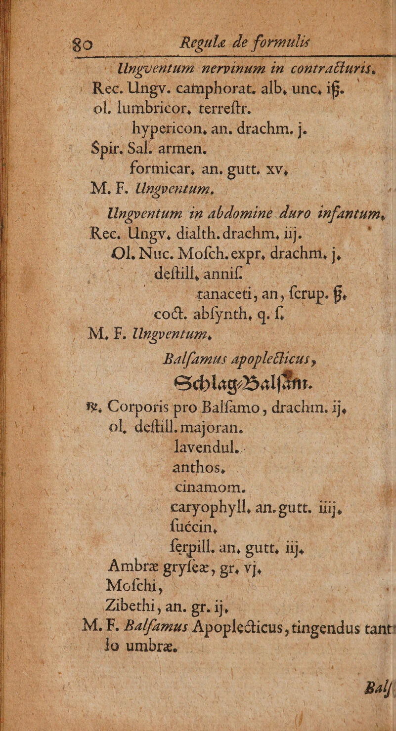 P QE 4 Ulngoentum Herpinum in contratfuris, eg Rec. Ungy. catuphorat. alb, unc, L2 ol. lumbricor, terreftr. d hypericon, an. drachm. j. - pir. Sal. armen. .. formicar, an. gutt, XV, — Pun F. Ungventum, 2i - lngventum in abdomine. 7. mfantum, Rec. lngr. dialth.drachm, iij. uc Ol. T. uc. Mofch. expr, drachni, j je: - dettill, annif. i ' tanaceti, an, (crup. &amp; ' cod. abfynth, q. he (M. F. Ungventum, | Balfamus apople&amp;icus , edlaga5alfinr. 9, Corporis pro Balfamo, drachm. 1 Àj - ol, deflill. majoran. - lavendul.. anthos, | cinamom. . a caryophyll, an. gut. i Hn lc fuécin, . ferpill. an, gutt, iij. | Ambrz gryfez, gr.  | Mofchi, | pac uM Zibethi, an. gr. ij. MESS Me F. Balfamucs Apeplsdics cingendus tanti lo umbm. . ud : el RM E p.  ode ü i | LA