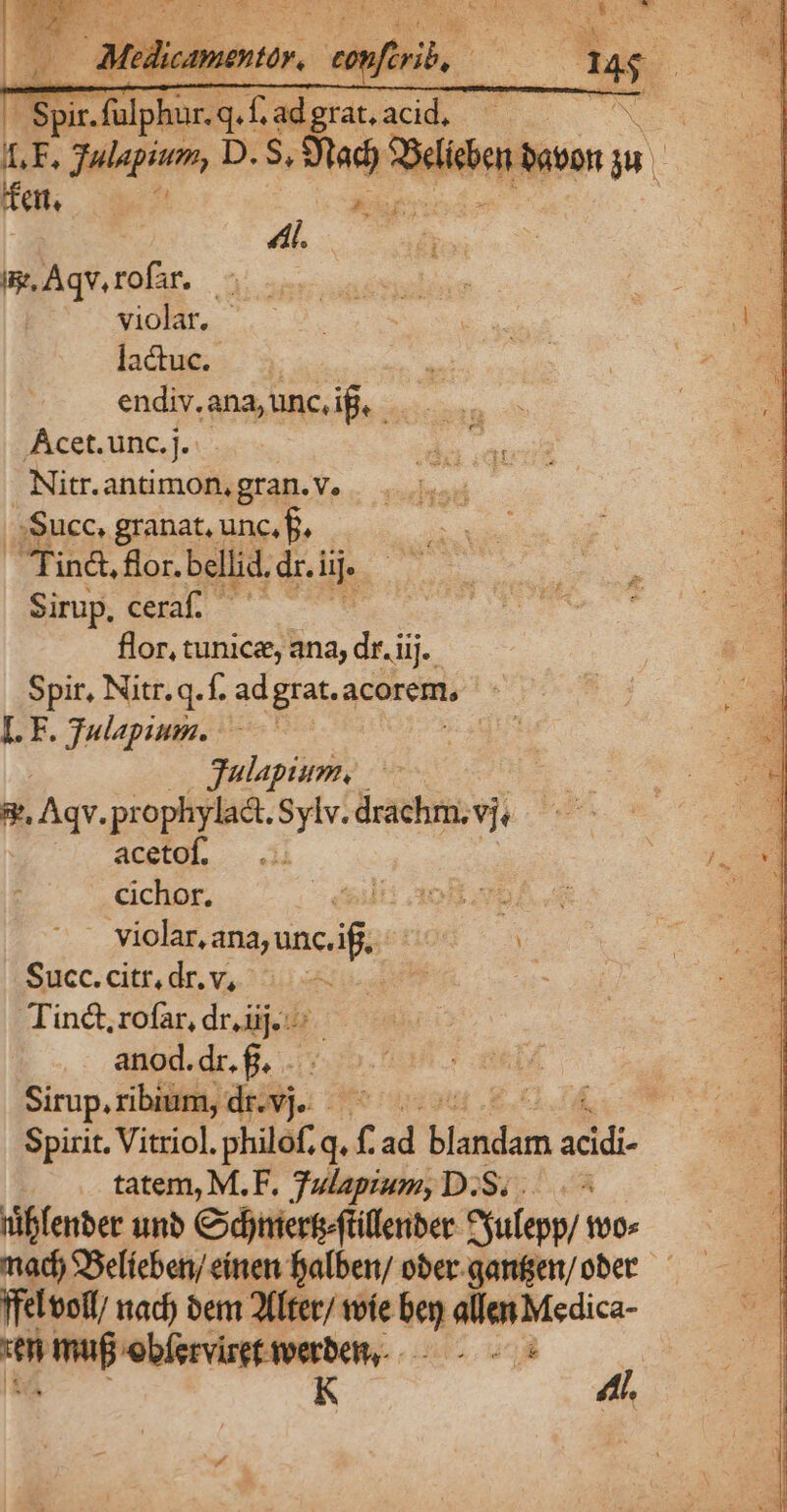e. cm e rat, acid, Y LE, Julium, D. $85; elieben bab feit. : 4l. ipm,Aqv.rofar. « violat, - Bom 3 : endiv.ana,unc,ig. | Acet.unc.j. Nitr.antimon, gran. v, /. Succ, granat, unc. f, TTin&amp;, flor. bellid. dr. iij. Sirup, ceraf. - flor, tunice, ana, dri. Spir, Nitr.q.f. adgrat.acorem, I. F. Tulapium. - | Julapium. : 8. Aqv. prophylact. Sylv. drachm. vj, acetof. ! cichor. ó EAM | violar, ana, unc.if Succ. citt. dr. v,.^ ui tue a ; Tinc&amp;,rofar,drüjoc — | anod.dr.fg. . —— Sirup, ribilit] di. ]e - x k Spirit. Vitriol. philof, f ad blandit addi tatem, M.F. Julapium, D.S. .... « aiffenber unb Cdnierfftillenber Pyulepp/ t0» felooll/ nad) ben 2(Iter/ wíe bey allen Medica- K 4l.