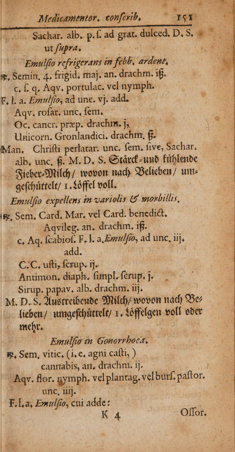 |a Medicamentor. eonfcxib, £o. c ^os Sachar. alb, p.f. ad grat. dulced. D. S. 9 t | ut fupra, | IN Bm . Emulfio vefrigerans im febo, ardent, | 8, Semin, 4. frigid, maj, an. drachm. if. c, f. q, Aqv. portulac. vel nymph. F, La. Emulfio,ad une. vj.add. ^ — - Aqv, rofar. unc, fem. Oc.cancr.prep. drachm.j, —.——— Unicorn. Gronlandici, drachrm, fi. Man, Chrifti perlatar. unc. fem, five, Sachar, alb, unc, f. M. D. S. &amp;tárf^unb frblenbe — Siieber-SRildg / toon nad) 9Selieben/ ume acfcdittelt/ 1. £óffef voll. E Emulfio expellens in variolis &amp; saonbillis, d i&amp;, Sem, Card, Mar. vel Card. benedict, Aqvileg. an, drachm. ifi. | -. € Aq. Ícabiof. F. |. a Ewzttlféo, ad unc, ii], : add. C.C. ufti, fcrup. ij. Antimon, diaph. fimpl.férup.j. | . Sirup. papav. alb. drachm, iij. E M. D. S. 2(ustreibeube 9tifdy; wovon nad) 5e. | (ieben./ umgefcosittelt) 1. fóffelgen tvolT ober ; mehr, | D MM i | Emulfia in Gonorrboca,. E, Sem, vitic, (i.e, agni caíli, ) canriabis, art, drachni. ij.  ' Aqv. flor. gymph. vel planrag,velburfpaftor. — ÁSAOGSRE ME F.La, Emulfio, cui adde: d