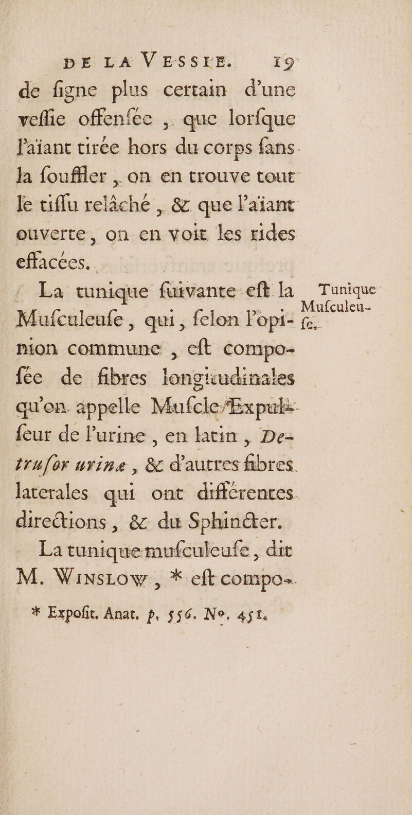 de figne plus certain d’une _xeflie offenfce ,. que lorfque laïant tirée hors du corps fans. Ja {ouffler , on en trouve tout le tiflu relâché , &amp; que Païiant ouverte, on en voit Les rides effacées. | / La tunique fuivante eftla Tunique | £ . + Mufculkeu- Muiculeule, qui, felon Popi- fe. nion commune , eft compo- fée de fibres longiudinales qu'on appelle Mufcie/Expuk: {eur de Purine , en ktin, De- trufor urine, &amp; d'autres fibres. laterales qui ont dificrenres. directions , &amp; du Sphinéter. La tunique mufculeufe, dit M. Winsiow , * eft compo. * Expoñt, Anar, p, 556. No, 451.