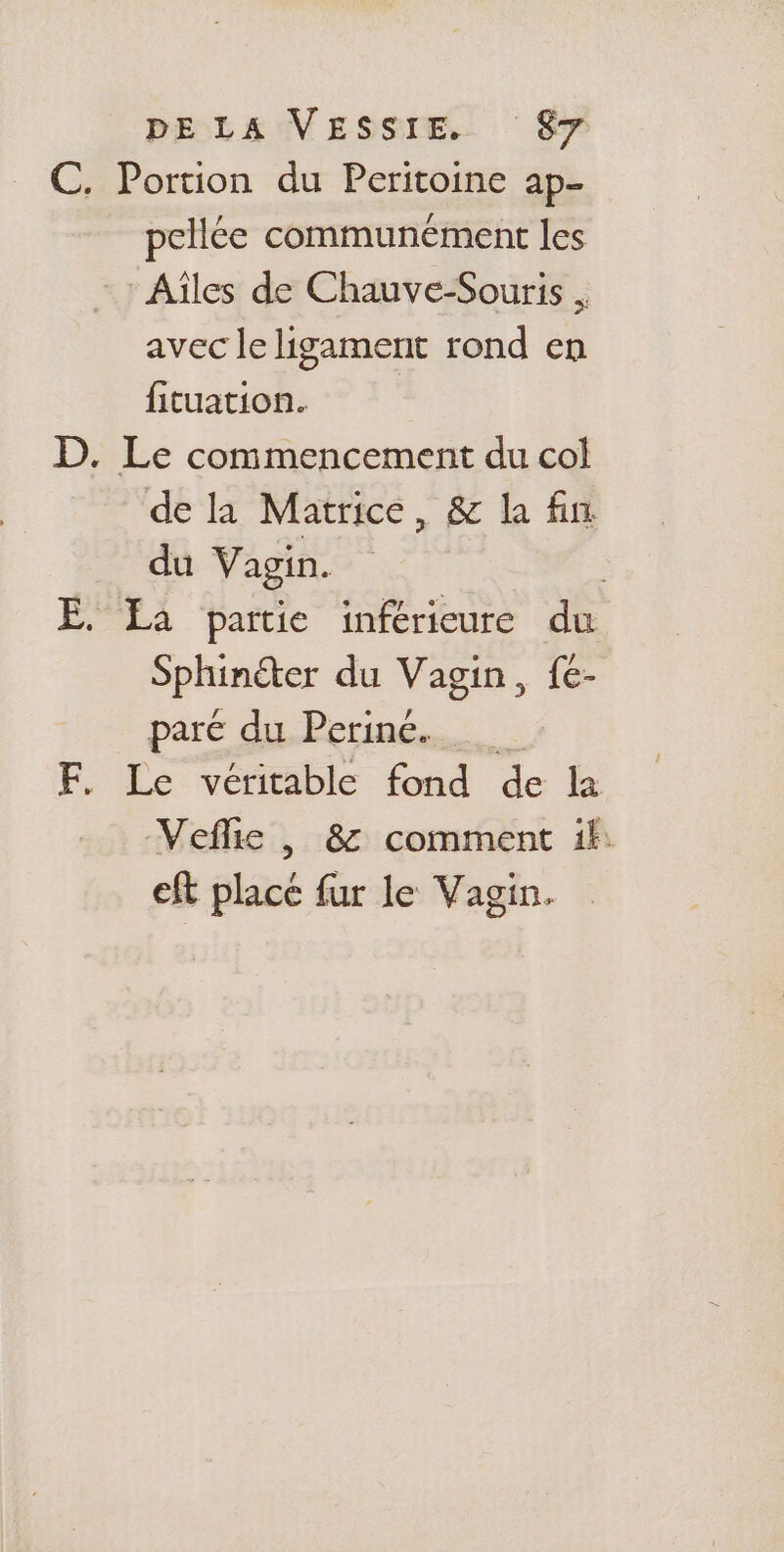 C. Portion du Peritoine ap- pellée communément les Aîles de Chauve-Souris , avec le ligament rond en fituation. | D. Le commencement du col de la Matrice, &amp; la fin du Vagin. E. La partie inférieure du Sphinéter du Vagin, fé- paré du Periné. F. Le véritable fond de la Veflñie , &amp; comment ik: eft placé fur le Vagin.