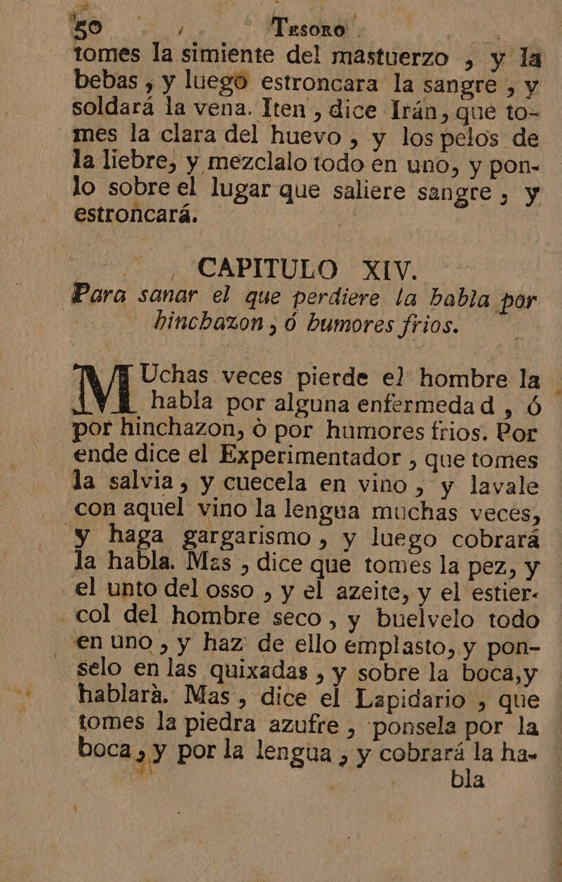 ¡A A A O ÚS tomes la simiente del mastuerzo , y la bebas , y luego estroncara la sangre , y soldará la vena. lten”, dice Irán, que to- mes la clara del huevo , y los pelos de la liebre, y mezclalo todo en uno, y pon- lo sobre el lugar que saliere sangre , y estroncará. | ! , CAPITULO XIV. Para sanar el que perdiere la habla por | hincbazon , ó bumores frios. ' Y Uchas veces pierde el hombre la Vi habla por alguna enfermedad , ó por hinchazon, 0 por humores frios. Por ende dice el Experimentador , que tomes la salvia, y cuecela en vino , y lavale con aquel vino la lengua muchas veces, y haga gargarismo , y luego cobrará la habla. Mas , dice que tomes la pez, y el unto del osso , y el azeite, y el estier- col del hombre seco, y buelvelo todo en Uno , y haz: de ello emplasto, y pon- - selo en las quixadas , y sobre la boca,y hablará. Mas , dice el Lapidario , que tomes la piedra azufre , -ponsela por la boca, y por la lengua , y die ha» a