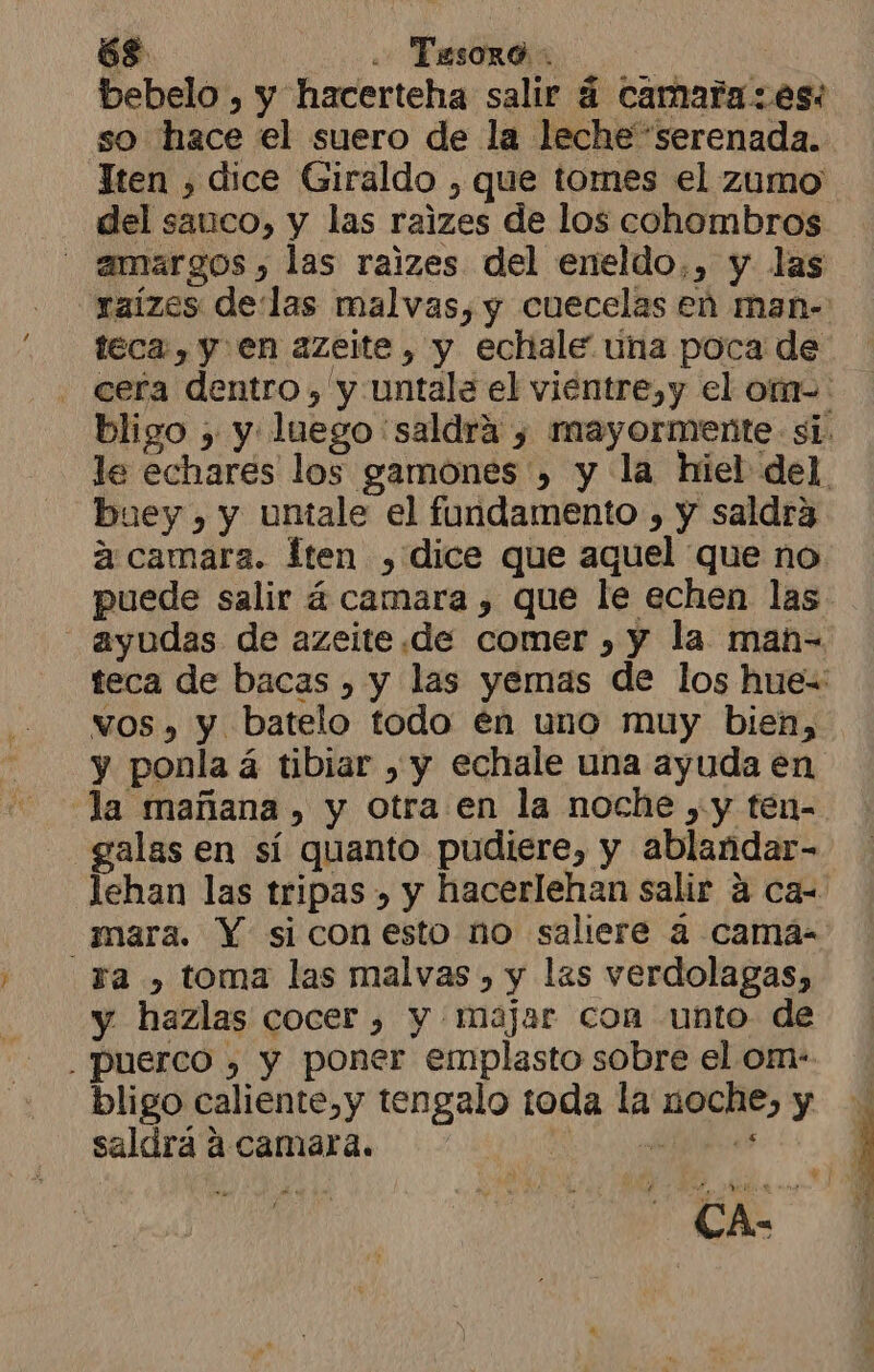 6s . Tesoro. bebelo , y hacerteha salir 4 camara:.es: so hace el suero de la leche “serenada. Jten , dice Giraldo ,que tomes el zumo del sauco, y las raizes de los cohombros amargos , las raizes del eneldo,, y las teca, y en azeite , y echale una poca de buey , y untale el fundamento , y saldra a camara. Íten , dice que aquel que no puede salir á camara , que le echen las vos , y batelo todo en uno muy bien, mara. Y si con esto no saliere a camá- ra , toma las malvas , y las verdolagas, y hazlas cocer , y majar con unto de puerco , y poner emplasto sobre el om: bligo caliente,y tengalo toda la noche, y saldrá a camara. A CA-