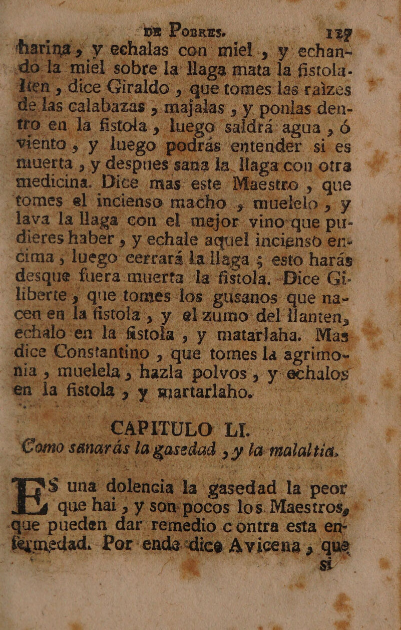 , ¿om Ponnus, 129 harina, y echalas con miel, y echan- «do la miel sobre la llaga mata la fistola- Hien , dice Giraldo: , que tomes las ralzes de las calabazas &gt; majalas , y ponlas den- tro en la fistola , luego saldrá: agua , ó “viento , y luego podrás entender si es Muerta , y despues saña la. llaga con otra medicina. Dice mas este Maestro , que tomes el incienso macho ., muelelo , y lava la llaga con el mejor. vino'que pu- dieres haber , y echale aquel incienso en: cima ; luego cerrará la llaga ; esto harás desque fuera muerta la fistola. «Dice Gi- liberte , que tomes los gusanos que na- cen en la fistola , y el zumo del 11 anien, echalo'en la fistola , y matarlaha. Mas dice Constantino , que tomes la agrimo- ia , muelela ) hazla polvos , y echalos en la fistola , y martarlaho. ee EBRITOLO Dr 00 JS una dolencia la gasedad la peor 4 que hal ) y son:pocos los. Maes trOSp ' que pueden dar remedio contra esta en- Segmedad. Por ende dice Avicena , que