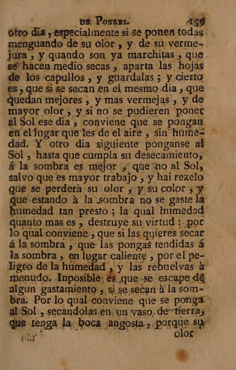 a ye iia si. ser ponen todas. menguando. de su olor , y de sú verme-- jura &gt; y quando son. ya marchitas ; que . sé hacen medio secas , aparta las. hojas de los capullos , &gt; y guardalas 5 y cierta es, que sise secan en el mesmo dia , que Quedan mejores . , Y mas vermejas , y de mayor olor , y si no se pudieren poner al Sol ese día ) conviene que se pongan en el lugar que les de el aire , sinhúmez dad. Y otro dia siguiente ponganse al Sol. , hasta que cumpla sul desecamientos á la sombra es méjor ,' queno al Sol, salvo que es mayor trabajo , y hai rezelo a que se. perderá: su :eler y y. su color; ue estando a la sombra no se gaste ll dub dad tan presto 5 la qual humedad quanto mas es , destruye su virtud ;. por lo qual conviene. que si las quieres secar á la sombra , que las pongas tendidas á. la sombra , en lugar caliente , por el pe-. ligro de la húmedad , y las rebuelvas 4 ¡penudo.. Inposible; es ,que.se. escape dé algun gastamiento . Si $e.secan á la som-- bra. Por lo qual conviene que se ponga &gt; que tenga la: boca angosta. porque SY di