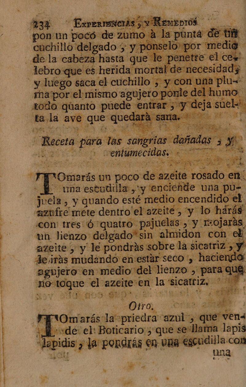 Da un Las ma vaa el mismo: agujer 1 : dde: iq &gt; orar ed entrar 5 En Y $ z ; A E : Roca y para las pes der REI) entumecidas. + OS Y ir E 5 20 a A (a En EN 5 E E da OS ) JP Omorás un poco de azeite Sel en: - $ una estudilla , y enciende una. ela &gt; Y quando esté medio encendido el L. azufre mete dentro el azeite, “y lo harás «con: tres 'Ó: e “pajuelas y y rsojar un lienzo delgado” sin almidon con- azeite , y le pondrás sobre la sicatriz , Y Je iras mudando en: estár seco y hacieng o agujero en medio “del lienzo pet ! opos y ei e el en la 'sicatriz. o a 3 4 e eS ; ed 9 E p pa: ÓN ergo a +8 | FETO marás: Jas priedra: “azul, _que' vena VA =de: el: Boticario:5 que se-Hama lapis