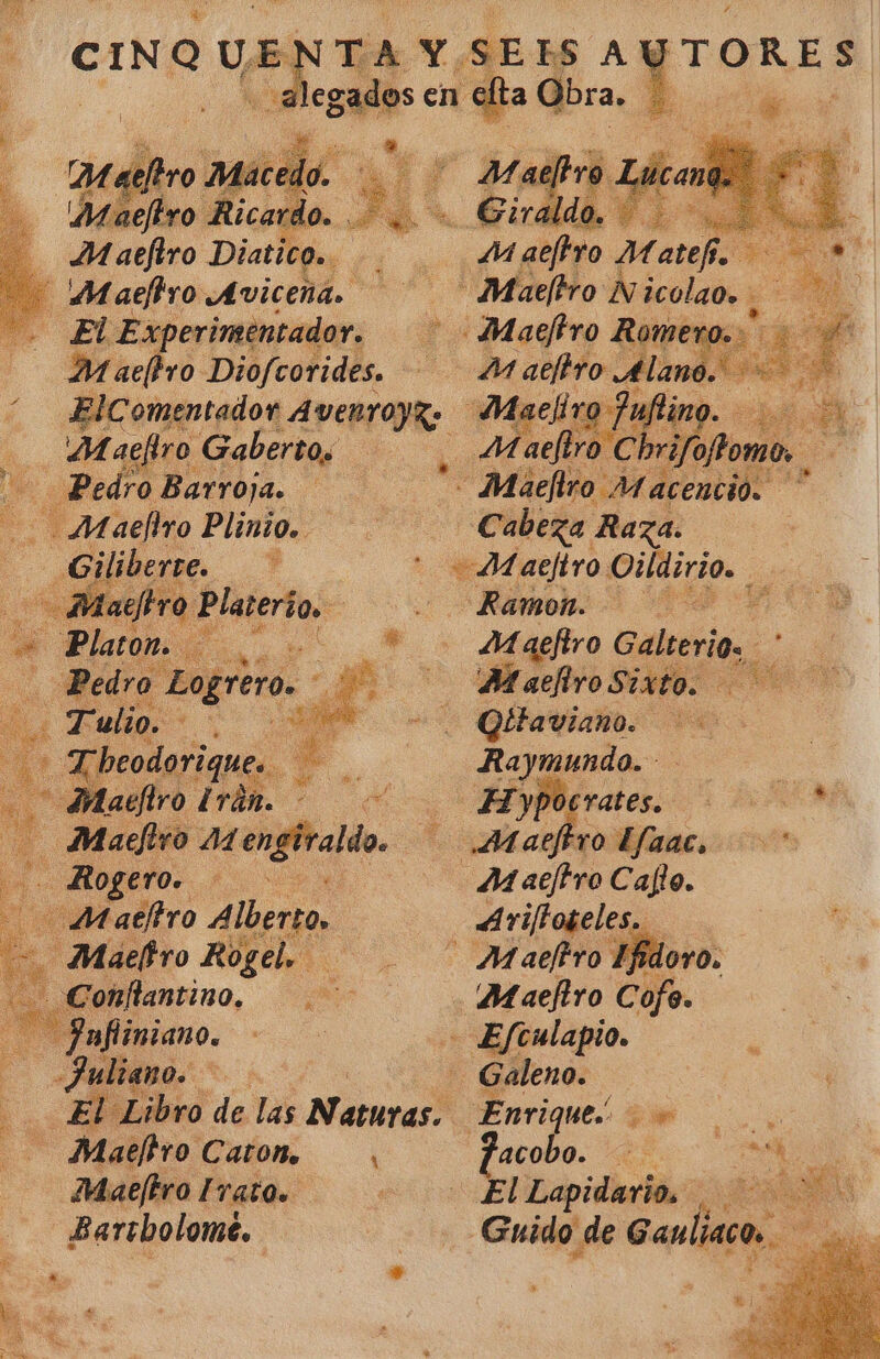 | Pedro Barroja. Maefiro Plinio. ¿Eilibera. kl Wo pe Másbro Rogel. Conflantino, a imiano. e - Maefiro Caton, Maeftro [rato. — Bartholome, li a ñ Cabeza Raza. Magfiro Galterio, EN MaeliroSixto. Qitaviano. eS a Raymundo. A Hypoc ate. 1 AM Á viftogele dj acobo. ¿E SA El Lapidario. | A e cd Guido de Gaulico. a »