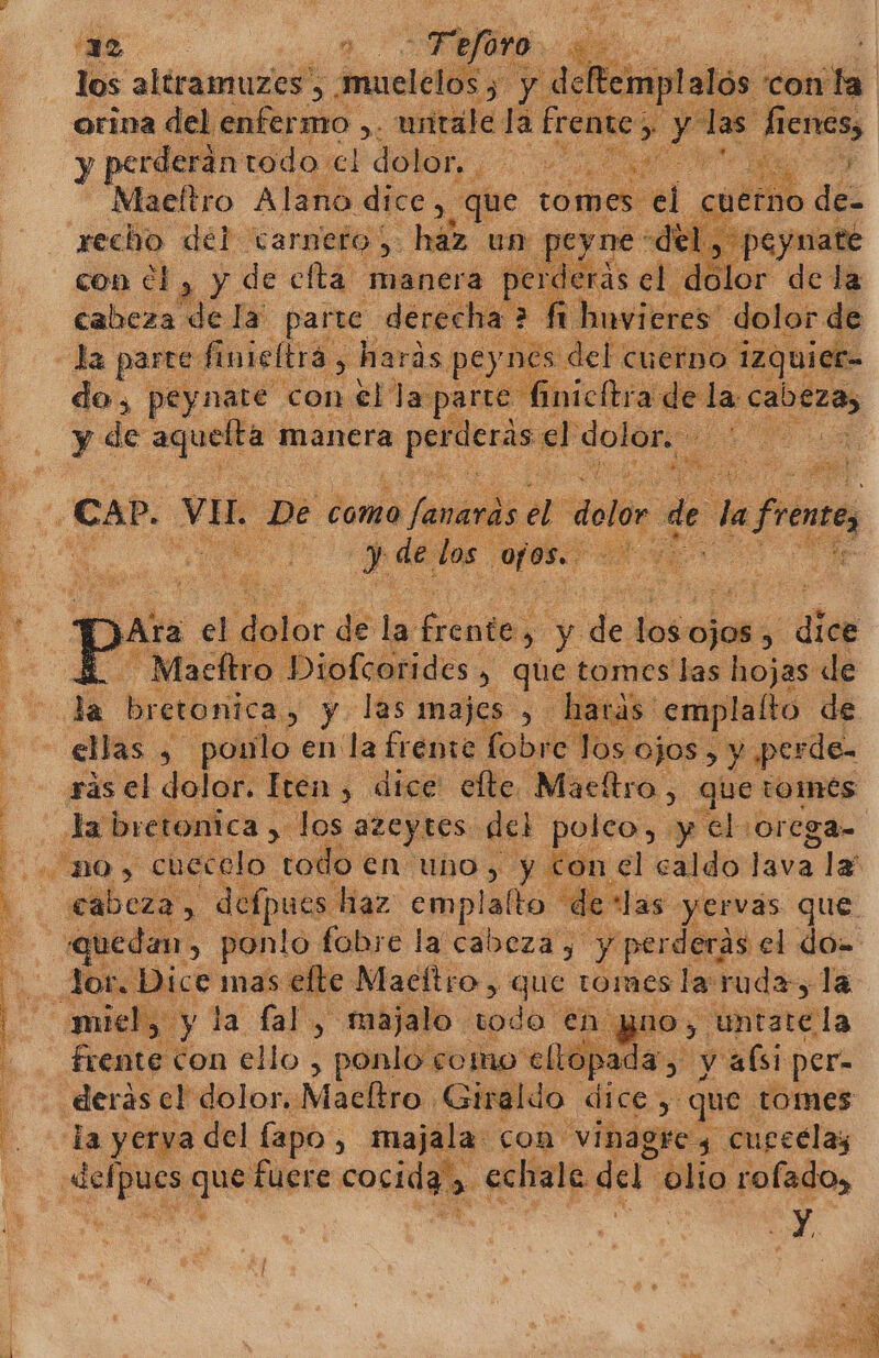 PINARES MN E A los alergias jedi der arneto. Es qe un y con dl, y de elta manera P erás el dolor dela cabeza de la parte: derecha ? : hnvicres' dolor de finieltra , harás peynes del cuerno izquiet- do, peynate con el la parte inicftra de da: nea y de oa manera p Pp derás el dolor. Pa z 0% e A eN 8) e E A z HO Jeyn ne: E mo e pei . A a did he 08. nte o rd: + hs | Ara el dolor de a fria y y de los: ojos ; ) dice e be Diofcorides. , que tomes las hojas de Ses ellas &gt; , ponlo en la frente fobre Os € ojos , y perde- ga no, cuecclo todo en uno, y con el caldo lava le 10, “untate la fal ton ello , ponlo como e E y alsi per- defpues que fuere cocida». echale del olio rofado, y Y, dea