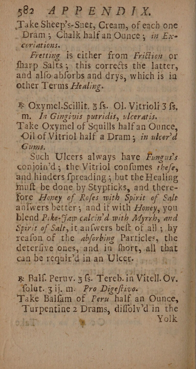 p62 ARPREN DAY | Pake Sheep’s-Suet, Cream, ofeach one, _ Dram; Chalk halfan Ounce; i Exe _Coriations. | Fretting is either from Friftion or fharp Salts; this corrects the latter, and alfoabforbs and drys, whichis in other Terms Healing. | | R Oxymel.Scillit, 3 fs. Ol. Vitriolt3 fs, - “m. Ja Gingivis putridis, ulceratis. ‘Take Oxymel of Squills half an Ounce, _&lt;Oilof Vitriol half a Dram; ix alcer’d Gums. i : ~ Such Ulcers always have Fungus’s conjoin’d; the Vitriol confumes thefe, and hinders fpreading; but the Healing muft. be done. by Stypticks, and there- fore Honey of Rofes with Spirit of Sale © an{wers better; andif with Honey, you blend Pike-Faw calcin’d with Myrrh, and Spirit of Salt, it anfwers beft of all; by 7 reafon of the .abforbing Particles, the ~ deterlive ones, and, in fhort,.all that can be requir’d in.an Ulcer. 5.4 Qo g: Ralf. Peruv. 3f%. Tereb.in Vitell.Ov. _ Tolut..3ij.m. Pro Digeftivos i» Jake Balfam of Peru half an Ounce, — Turpentine 2 Drams, diffolv’d in the — eT . a Yolk w