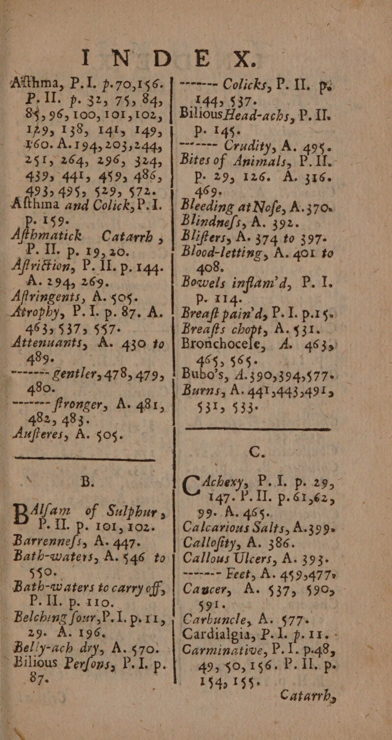 IN D Aithma, P.I. p.70,156. P. Il. p- 325 75&gt; 84, 84,96, 100, 101,102, 129, 138, 141, 149, ¥60. A.194, 203,244, 291,264, 296, 324, 439 441, 459, 486, 49354952 5295 §72- ga and Colick, Pal. 159. Abiomasic Catarrh 5 P. II. p. 19,20. Afivittion, P. Il. p. 144. A. 294, 269. y Af in BCE a 505. Atrophy, P.1. p. 87. A. 46355375 i Attenuants, A » 430 to a Pewter, 478, 4795 480 since ftronger, A. 481, 482, 48 3. Aufieres, A. 505. ies oma of Sulphur, I. p. 101, 102. ; By ed 447. _ Bath-waters, A. 546 to §49- Bath-waters to carry off, RD re AE gre * Belebing four, PL. peri, 29. A. ‘aes Belly-ach §70. ey Peapae, P. 1. p. 7s Pte ce SET ee EES come Bix. : Colicks, P. IL. pe 144, §37- BiliousHead-achs, P. il. Pp. 145. ~-s---- Crudity, A. 495. Bites of Animals, P.If.- p- oe 126. A. 316. 469 Bleeding at Nofe, A.370 roland A. 392. Bliffers, A. 374, to 397+ gio » GOL to 4O Heng pital Pits Brea aim d,P.1. p.r§. Bren a chopt, A. $31. Bronchocele, A. 483») 455, 565+ Bubo’s, A. 395394,$77»: Burns, A. 441244324942 $315 §33- C. CAchery pee te Ph aw: 147. PIT. p. 61,62, 99- A. 465. Calcarious Salts, A.399- Callofity, A. 386. Callous Ulcers, A. 393- pers gay Wa 45954772 inlay © $37 9 (FIs % 591 Cophahcle. A. $77&gt; Cardialgia, P.1. p.11. - Carminative, P.1. p.48, 495§0, 156. P, i Ps 154, 155. 540 15 Chiawres