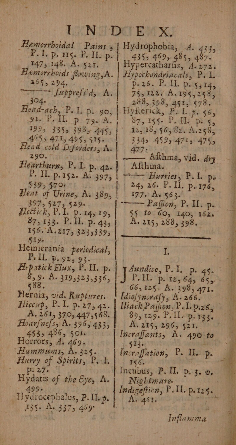 LUNG DE EX, Tapestinidel Pains | Hydrophobia, 4. 335 I. p. 115. P. IL 4355 459&gt; 485, 4 147, 148. A. 521. a _| Hypercatharhis, dese) _ Hamorrboids fowing,A Hypockondriacals, ae 2655294, | | p-26. P. IL. pogy2g, ort Supprefs'd, A. 7% ee A.195,258, jo ; 288,398, ast, 578. Head- Cah P. TE. p. 90, | Hyfterick, Pal. pe 56, 93 P, Il. P 79. A. 87, 1§§. P. IL rae 3 24, 26. P. Il. p.176, 177.) As 563. 1995 3355 393, 445; | iz, 18, $6 82. A.298, 4555 471, 495, 515. 334. 459, 4715 4755 Head cold Diforders, A “| 497 477: Adth ay 290. ~ Ma, Vi ° vy Hearthurn, Pr. Lp oa A ~ Afthma. ig as fit te as } Hurries, P.1. pa He a ee Urine, A, 389, 3975 §275 §29- Paffion, P. II. Pp. Hetick, P. I  14,19, 5 t0 60, 140, 162. lL 87,133. p. P-43,] A+ 215, 288, 398. 156. A.217, 3235339, J int 5h Da gavin 519) 3 Hemicerania ra 7 i P, a, Pp. 9 925 Hipatick Flux, P. I. Aundice, P.1. p. ag. 29+ A 31995235536, J 88. 66,125. A. 398, 471. Heraia, “iN Ruptures. Idiofyncrafy, A. 266. Hiccup, P.1. p.27, 42. Uiack Pajjion, P.L p26, bane + 3965 433, A. 215, 2963 §21. 453, 486, §o1. fet let ae 4906 to Horrors, A. 469. Hummums, As 325. Iecratfation: Pe ai p- se a Spirits, P. ab 156. one Sy Incubus, P. II. p. 3. 0, Hydats of the Eye, A yo some Hydrocephal us, P. IT.5, 235° Ay 3375 489 A 46. Infla NiPLA