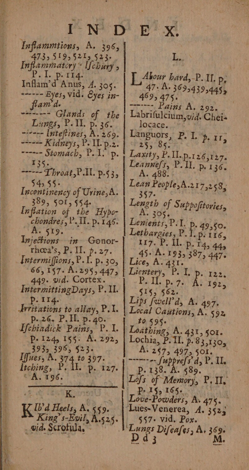 Pee ee Sak, ee Inflammtions, A. 396, 473551955215 §23. Dees “Ufchury 5 iM I «: Le. Pat aes Inflam’d Anus, 4. 305. weoee- Eyes, vid. Eyes in- flan’ d. $35. ---- Throat,P.I1. p.§ 3, 545 55&gt; a Incontinency of Urine, A. 389, §or, $54. Inflation of the Hypo- chondres, P11. p. 146. A. 519. Injeftions in Gonor- rhoea’s, P. II. p.27. Intermiffions, P.1. p. 30, 66,157. A.295, 447, 449. vid. Cortex. Inter mittingDays, P. I. p. 114. Arritations to allay, P.1. p-.26. P.IL. p.go. Wehiadick Pains, P. 1. p- 124, 1§5. A. 292, 393, 396, §23. Iffues, A. 374 to 397. Itching, P CAS 196. . . K. ue as Kes Heels, A. 559. sid. Scrofula,” be Abour hard,-P. II. P, 47. A- 369,439,445, 4695 475. | gay Pains A..'293. Labrifulcium,vid. Cheia locace. Languors, P. I, Pe IT, Lae MY, Po ld.D.126,12,7. Leannefs, Me D. 136. A. 488. Lean People,A.217,258, 357+ Length of Suppofitories, . A. 305. Lenients,P.1. p. 9,50. Lethargies, P.1, pi t 16,5 117. P. IL. p. ta, 445 45- A. 193, 387, 447. Lice, A. 431. Lientery, P. I, p Da Tl: pes 515, 562. ; Lips fwell’d, A. 497. Local Cautions, A. 592% 10 595- Loathing, A. 431, 501. Lochia, P. TL. p.835130, A. 2§7, 497, 501. a--~--e- fupprefs'd, P. Is p. 138. A. 589. Lofs of Memory, P, II, _ Ps 15, 165. . Love-Powders, A. 47%. ‘Lues-Venerea, A. 3525 557+ vid. Pox. ° RO en ENED ED NT Se