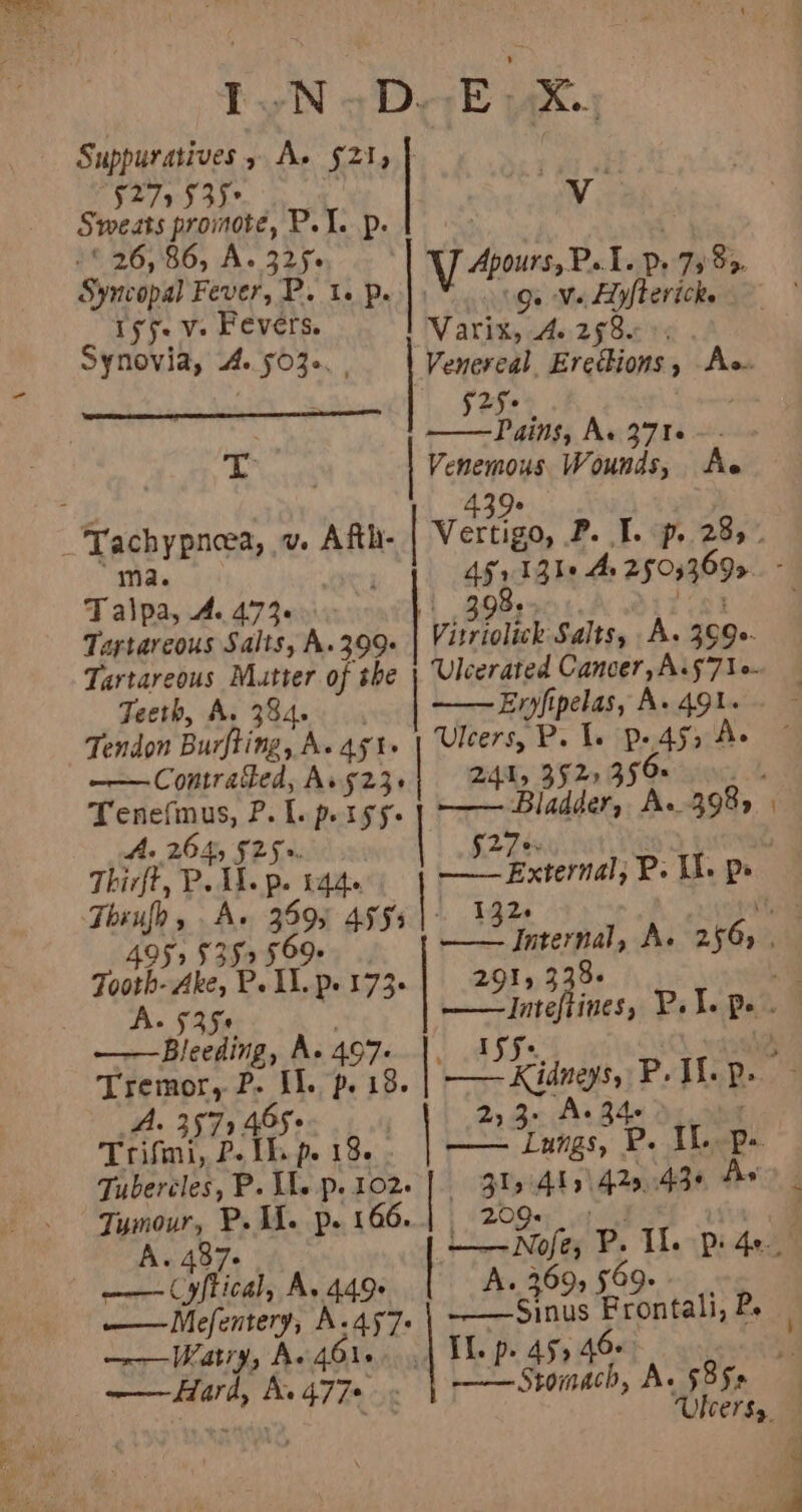 §279 $35 Sweats promote, P. J. p. © 26,86, A. 325. Syncopal Fever, P. 1. p. ify. Ve Fevers. Synovia, 4.5036. , 4, % ‘ —Tachypneea, v. Afth- “ma. ; Talpa, A. 473. Tartareous Salts, A.399+ Tartareous Mutter of the Teeth, A. 384. Tendon Burfting, Ae at —— Comtrathed, Avs23+ Tenefmus, P. 1. persy- A: 2645 $25 Thirft, P.11. p. 144s Thilo, A+ 3595 499s 495s 5352 569» Tooth- Ake, P. Il. p. 173. A. 535+ | —Bleeding, A. 497 jf Qe Ve Hyftericke Varix, A. 258°: 525+ ——Pains, A. 371 Venemous Wounds, Ae Uleerated Cancer, A.§7 1. Evyfipelas, A. 491. Ulcers, P. 1. pe 4fy Ae 24d, 352) 359» 291, 338. A. 3571 465+ Trifmi, P. 1h p. 18. . Tubercles, P. Ws p. 102 Tumour, P.M. p. 166. A. 437. —— Cyftical, A. 449- ——_Watry, A- 461. —— Hard, Ae 477* . 209. A. 269, 569. Il. p. 45, 46+ Stomach, A. 585+