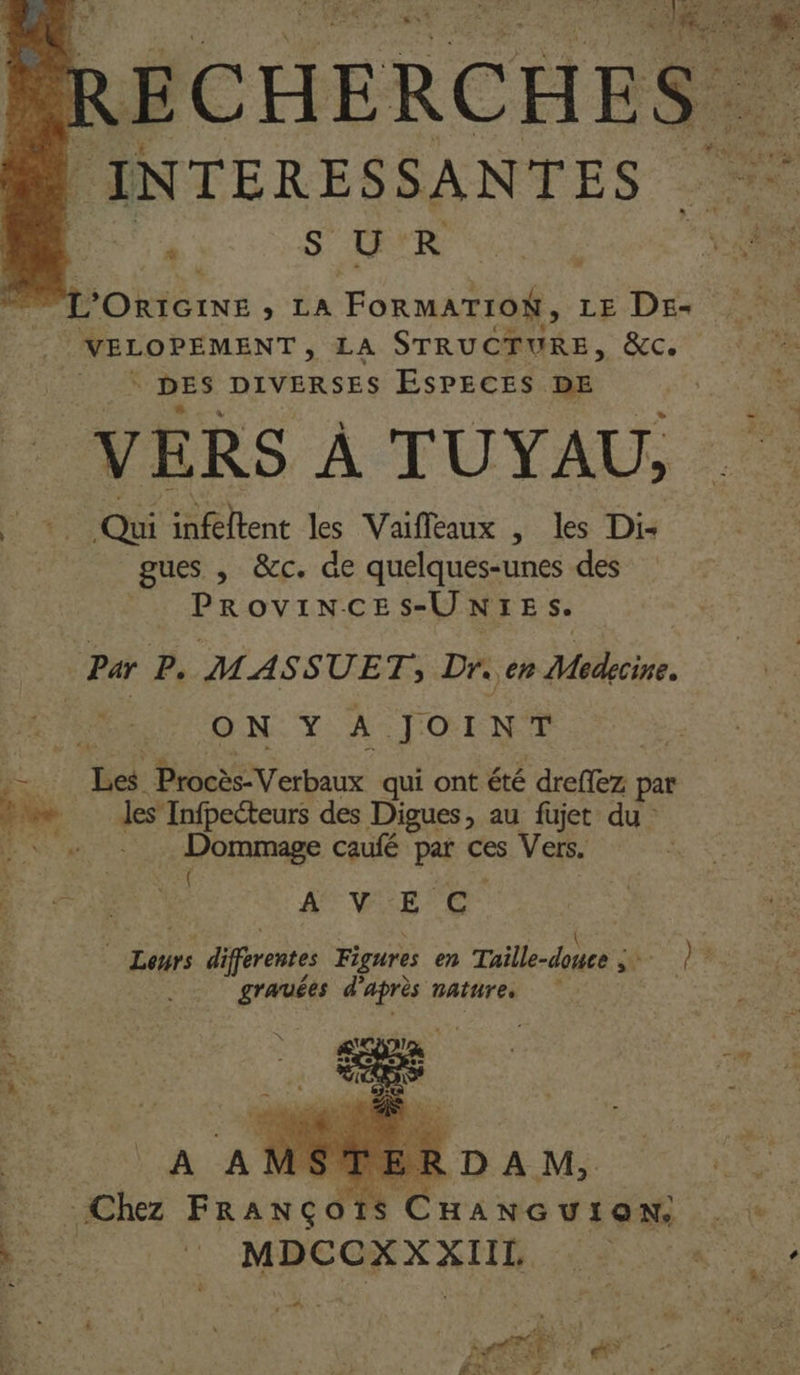 F ÉCHERCHES INTERESSANTES É # S U R peus 4 Fe. s ORIGINE &gt; LA FORMATION, LE DE- À VELOPEMENT , LA STRUCTURE, &amp;c. DES DIVERSES ESPECES. DE VERS À TUYAU, Qui lien les Vaiffeaux , les Di- gues , &amp;c. de quelques-unes des PROVINCE s-UN: ES. Par P. MASSUET,; Dr. en Mabéir. ON Y A. JOINT ;- | hé Procès-Verbaux qui ont été dreflez par N. des Tnfpecteurs des Digues, au fujet du : Dommage caufé par ces Vers. De. ou $ Ge - À VE ‘€: sx diférentes Figures en Taillé-doleà a ) ' gravées d° après nature. \ L. | STERDAM, Er Chez FR AN CAT CHANGUIQN: te | MREONXXNR..42 à 21 Re