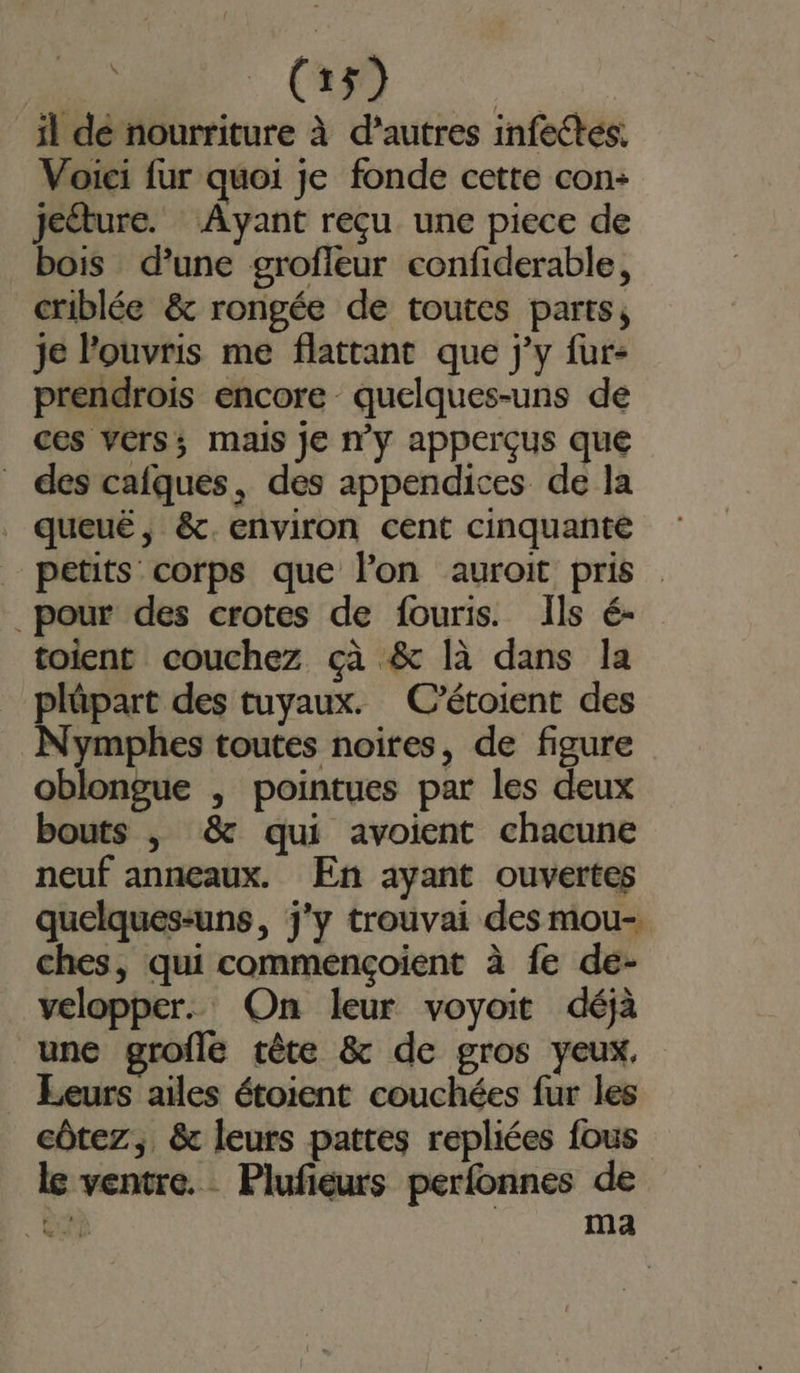 ON _ il dé nourriture à d’autres infectés. Voici fur quoi je fonde cette con: jeéture. Ayant reçu une piece de bois d’une groffeur confiderable, criblée &amp; rongée de toutes parts, je l'ouvris me flattant que jy fur: prendrois encore quelques-uns de ces Vers; mais Je n'y apperçus que _ des cafques, des appendices de la queuë, &amp;. environ cent cinquante _ petits corps que lon auroit pris _pour des crotes de fouris. Ils é- toient couchez çà &amp; là dans la plûpart des tuyaux. C’étoient des Nymphes toutes noires, de figure oblongue , pointues par les deux bouts |, &amp; qui avoient chacune neuf anneaux. En ayant ouvertes quelques-uns, j'y trouvai des mou- ches, qui commençoient à fe de- velopper. On leur voyoit déjà une grofle rête &amp; de gros yeux. Leurs ailes étoient couchées fur les côtez, &amp; leurs pattes repliées fous le ventre. Plufieurs perfonnes de bit ma