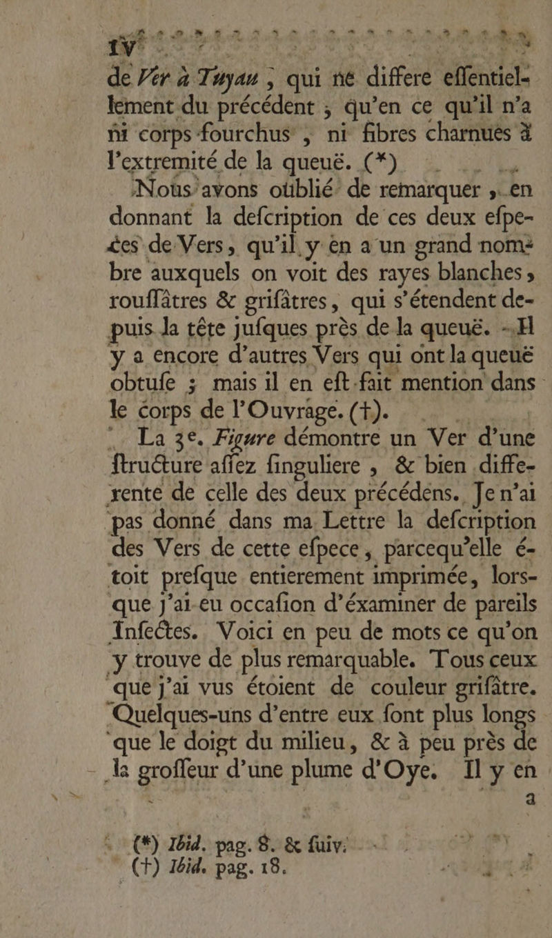 &gt; DRE RS RE ET 2? Ë À av ‘ybu de Ver à Tuyau ; qui ne differe effentiel- lement du précédent ; qu’en ce qu’il n’a M corps fourchus’, ni fibres charnués à lextremité de la queuë. (*) F Nous’avons otiblié’ de remarquer ,.en donnant la defcription de ces deux efpe- £es de Vers, qu'il, y en a un grand nome bre auxquels on voit des rayes blanches ; rouffâtres &amp; grifâtres, qui s’étendent de- puis Ja tête jufques près de la queuë. -H ÿ a Encore d’autres Vers qui ont la queuë le Corps de l'Ouvrage. (+). :. La 3€. Figure démontre un Ver d’une ftruéture affez finguliere , &amp; bien .diffe- rente de celle des deux précédens. Je n’ai pas donné dans ma. Lettre la defcription des Vers de cette efpece, parcequ’elle é- toit prefque entierement imprimée, lors- que Jj’ai-eu occafion d’éxaminer de pareils Xnfectes. Voici en peu de mots ce qu’on ‘y trouve de plus remarquable. Tous ceux que j'ai vus étoient de couleur grifâtre. Quelques-uns d’entre eux font plus longs ‘que le doigt du milieu, &amp; à peu près de = . (*) 26id. pag. 8. &amp; fuiv: _ (F) Hd, pag. 18.