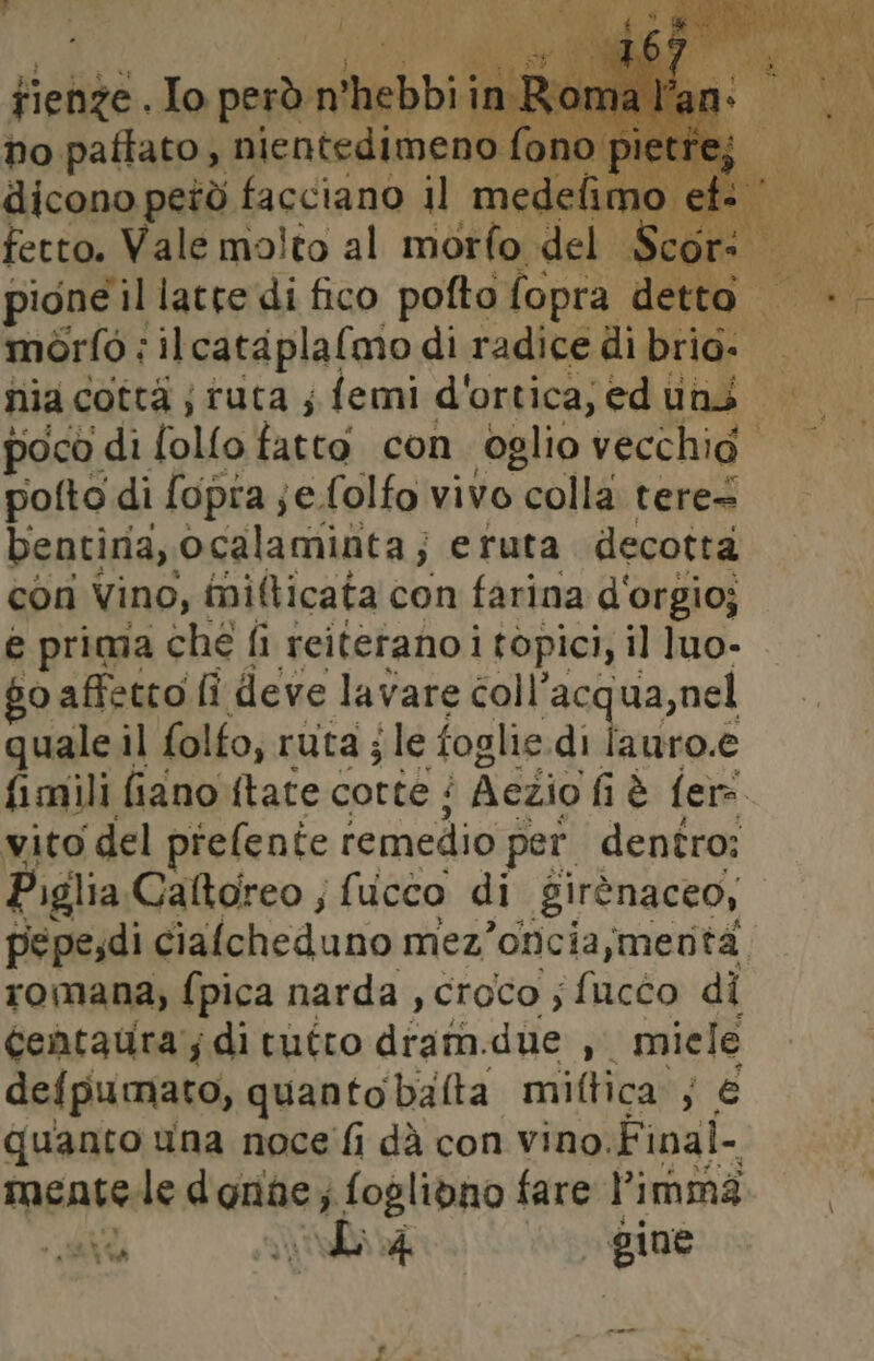 f fienze . Io però n'hebbii no paffato , nientedimeno fo dicono petò facciano il medefin fetto. Vale molto al morfo del pione il latte di fico pofto fopra detto | morfo : ilcataplafmo di radice di brio: da nia cottà; ruta ; femi d'orticaseduns | poco di follo fatto con Oglio vecchio PASINI pofto di fopra; ‘e.folfo vivo colla tere® bentiria, ocalaminta; eruta decotta con Vino, mifticata con farina d'orgio; e prima che fi reiterano i tòpici, il luo- 0 affetto li deve lavare coll’acqua,nel quale il folfo, ruta;le foglie di lavivo. e fimili fiano ftate corte ‘ ‘ Aezio fiè fer vito del piefente remedio per. dentro: Piglia Caltoreo ; fu ucco di girènaceo, pepe,di cialcheduno mez’oncia,menta. romana, fpica narda , croco; faeda di ceataura; di tutto dratà, due , miele defpumato, quanto balta miftica'; € quanto una noce'fi dà con vino.Final- mente le d ande; foglivno fare limma. AIA d3 È d gine n