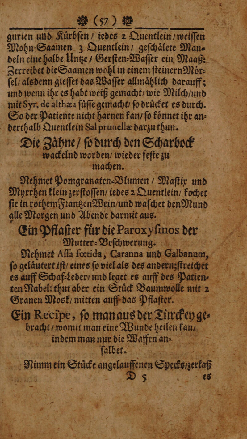 N er ot KR Aes re 1 e ur” 92 gurien und Airbſen iedes 2 Suentlein weſſſen Mohn Saamen 3 Quentlein / geſchaͤlete Man⸗ Zerreibet die Saamen wohl in einem fteinernMör- ſel / alsdenn gieſſet das Waſſer allmählich darauff; und wenn ihr es habt weiß gemacht / wie Milch / und mit yr. de althæa fiffe gemacht / fo druͤcket es durch. So der Patiente nicht harnen kan / fo koͤnnet ihr an: | va Quentlein Sal prunellæ darzu thun. Die Zähne) fo durch den Scharbock wackelnd worden / wieder feſte u * Fan Rehmet Pomgranaten⸗Blumen „Maſtie und Myrrhen klein zerſtoſſen / iedes 2 Quentlein / kochet ſie in rsthem Fꝛantzen Wein / und waſchet den Mund alle Mor en und Abende darmit aus. Ein Plafter für die Paroxyfi inos der Mutter⸗Beſchwerung. Nehmet Alla fœtida, Caranna und A es auff Schaf Leder / und leget es auff des Der; ten Nabel: thut aber ein Sri Baur bracht womit man eine Wunde 9 1 kan / I ſalbet. : Rien ein Sri ange * Saat,