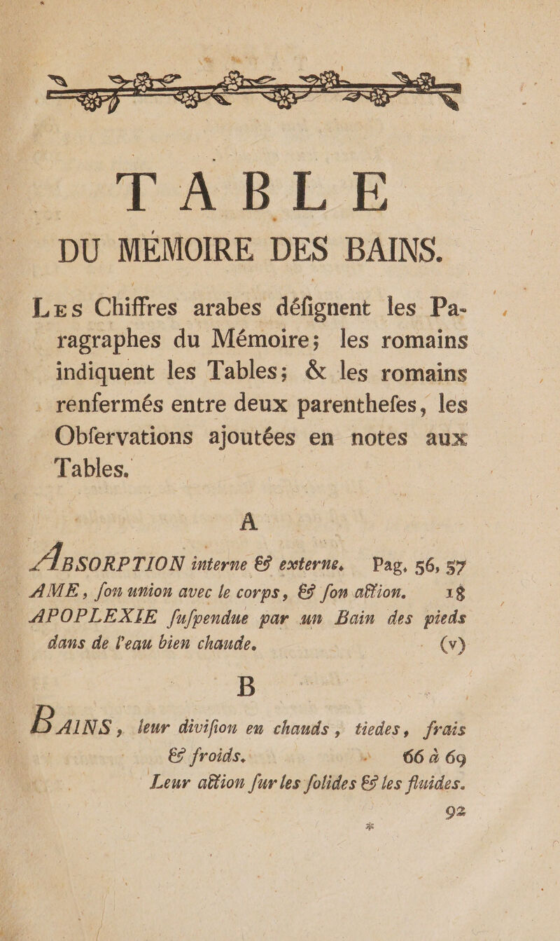 AAA DER DU MEMOIRE DES BAINS. Les Chiffres arabes défignent les Pa- ragraphes du Mémoire; les romains indiquent les Tables; &amp; les romains . rénfermés entre deux parenthefes, les Obfervations ajoutées en notes aux Tables. À LTBSORPTION interne € externe, Pag, 56,5% AME, Jon urion avec le corps, € [on aftion. 1$ APOPLEXIE fufpendue par un Bain des pieds dans de l'eau bien chaude. 0 B | 1 Bb AINS , leur divifion em chauds, tiedes, frais 6 froids. s 66469 Leur aëion fur les folides &amp;ÿ les fluides. ES
