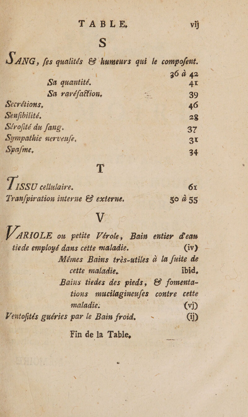 TABLE, Un S 4 ANG, us qualités &amp; humeurs qui le compofent. 36 à 42 Sa quantité. | AE. Sa raréfaltion, ù ne 39 Secrétions, | 46 Senfibilité. , | 28 Sérofité du fang. 37 Sympathie nerveufe. 3x Spafme. CE 34 T Tissu cellulaire. 6: Tran/piration interne € externe. 30 4 55 Variorr ow petite Vérole, Bain entier d'eau tiede employé dans cette maladie. ONPe Mémes Bains très-utiles à la su de cette maladie, | ibid, Bains tiedes des pieds, €ÿ fomenta- tions mucilaginenfes contre cette . | maladie: (vi) Ventofités guéries par le Bain froid. - (ij) Fin de la Table, Ann tm 2