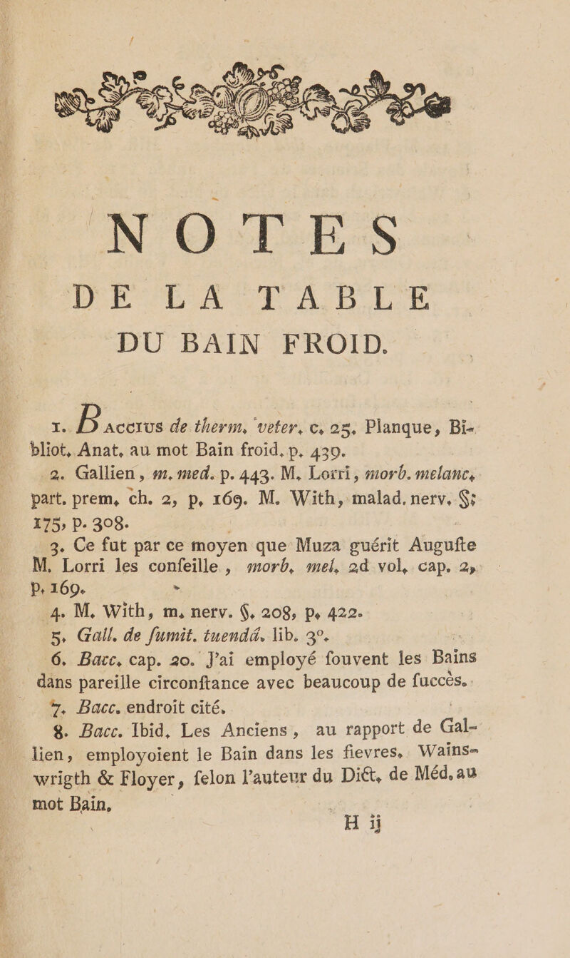 J. B ACCIUS de therm, veter, c, 25, Planque, Bi bliot, Anat, au mot Bain froid, p, 430. 2. Gallien, #1, med. p. 443. M. Loïri, m0rb. melanc, part, prem, ch. 2, p, 169. M. With, malad. nerv, Ç; 175» P. 3038- 3. Ce fut par ce moyen que Muza guérit Angüfte M. Lorri les confeille, morb, mel, 2d vol, cap. 2, P+ 169. ” 4. M. With, m, nerv. (, 208, p, 422. 5, Gall, de fumit. tuendä, lib. 3°. 6. Bacc, cap. 20. J'ai employé fouvent les Bains dans pareille circonftance avec beaucoup de fuccès.. %, Bacc. endroit cité, 8. Bacc. Ibid, Les Anciens, au rapport de Gal- lien, employoïent le Bain dans les fievres,. Wains= wrigth &amp; Floyer, felon l’auteur du Dié, de Méd. au mot Bain, À Hi