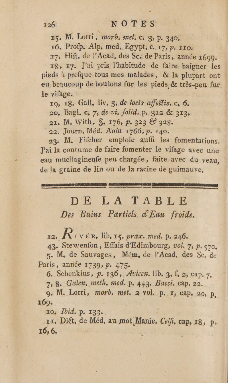 z5, M. Lorri Fi morb. mel, ©. 3, p. 340; 16, Profp. Alp, med, Egypt; c. 17, p. 110. 17, Hift, de l’Acad, des Sc: de Paris, année 1699. 18, 17. J'ai pris l'habitude de faire. baigner les pieds à prefque tous mes malades, &amp; la plupart ont : eu beaucoup de boutons fur les pieds &amp; très-peu fur le vifage. 19, 18. Gall, liv, 5, de locis affeltis. c, 6. 20, Bagl, c, 7, de vi, folid. p. 312 &amp; 313, o1, M. With, $, 176, p 323 69 328. 22, Journ, Méd. Août 1766, p. 140. | 23. M. Fifcher emploie auffi les fomentations., J'ai la coutume de faire fomenter le vifage avec une eau mucilagineufe peu chargée, faite avec du veau, de la graine de lin ou de la racine de guimauve, Lo] nds CR | mn) DE LA FABET Des Bains Parties d'Eau froide. 12 No lib, x5, prax. med. p. 246. 43. Stewenfon, Effais d'Edimbourg, vo/, 7, p. 5%o, 5. M, de Sauvages, Mém, de l’Acad. des Sc, de Paris, année 1739, p. 475, : 6. Schenkius, p. 136, Avicen, lib. 3, A 25 Cap. 7. 7, $, Galen, meth, med. p. 443. Bacci. cap. 22. 9. M. Lorri, #morb, met. 2 vol. p. x, cap. 20, p, ‘169. 10, Îbid, p. 132. 1x. Dit, de Méd, au mot “Manie, cf Cap, 18, p.