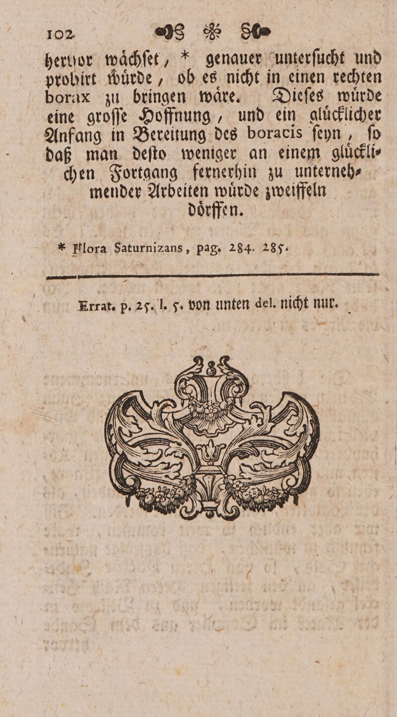 iov. «)9 d£ SÓ — hervor waͤchſet, * genauer unterſucht und probirt wuͤrde, ob es nicht in einen rechten borax zu bringen waͤre. Dieſes wuͤrde eine groſſe Hoffnung, und ein alücflicher Anfang in Bereitung des boracis ſeyn, ſo daß man deſto weniger an einem gluͤckli⸗ chen Fortgang fernerhin zu unterneh⸗ mender Arbeiten wuͤrde zweiffeln doͤrffen. * Flora Saturnizans, pag. 284. 285. an — Errat, p. 25. I. 5. von unten del. nicht nur.
