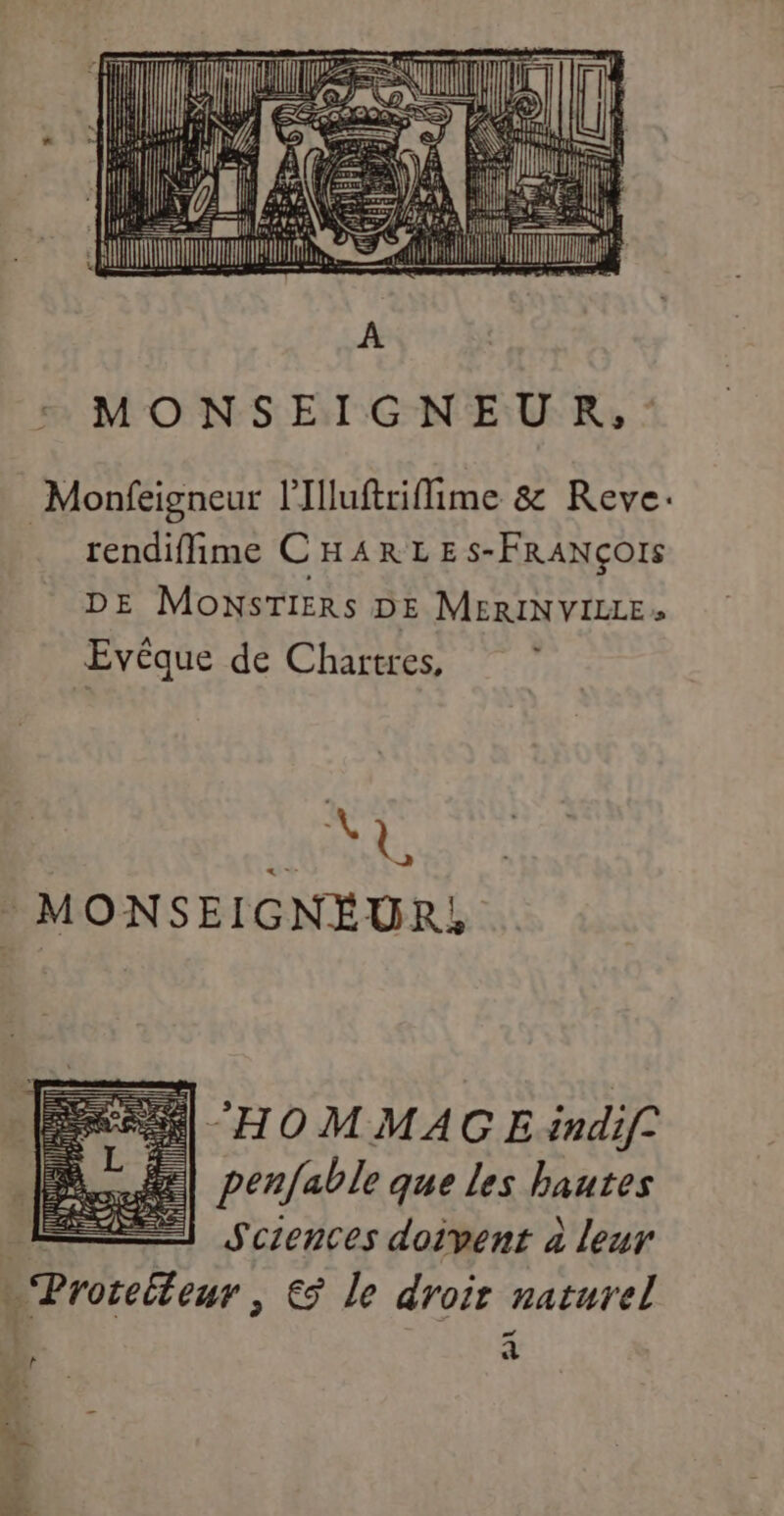 | if né 7 À I ALL Î == tn AN nome ne vs MONSEIGNEUR, Monfeigneur l'Illuftriflime &amp; Reve. rendiflime CHARLESs-FRANÇOIS DE MONSTIERS DE MERINVILLE» Evêque de Chartres, RE el at HOMMAGE indif. penfable que les hautes Sciences doïvent à leur » Proreéteur, €ÿ le droit naturel { a nes Von Ïlti IR