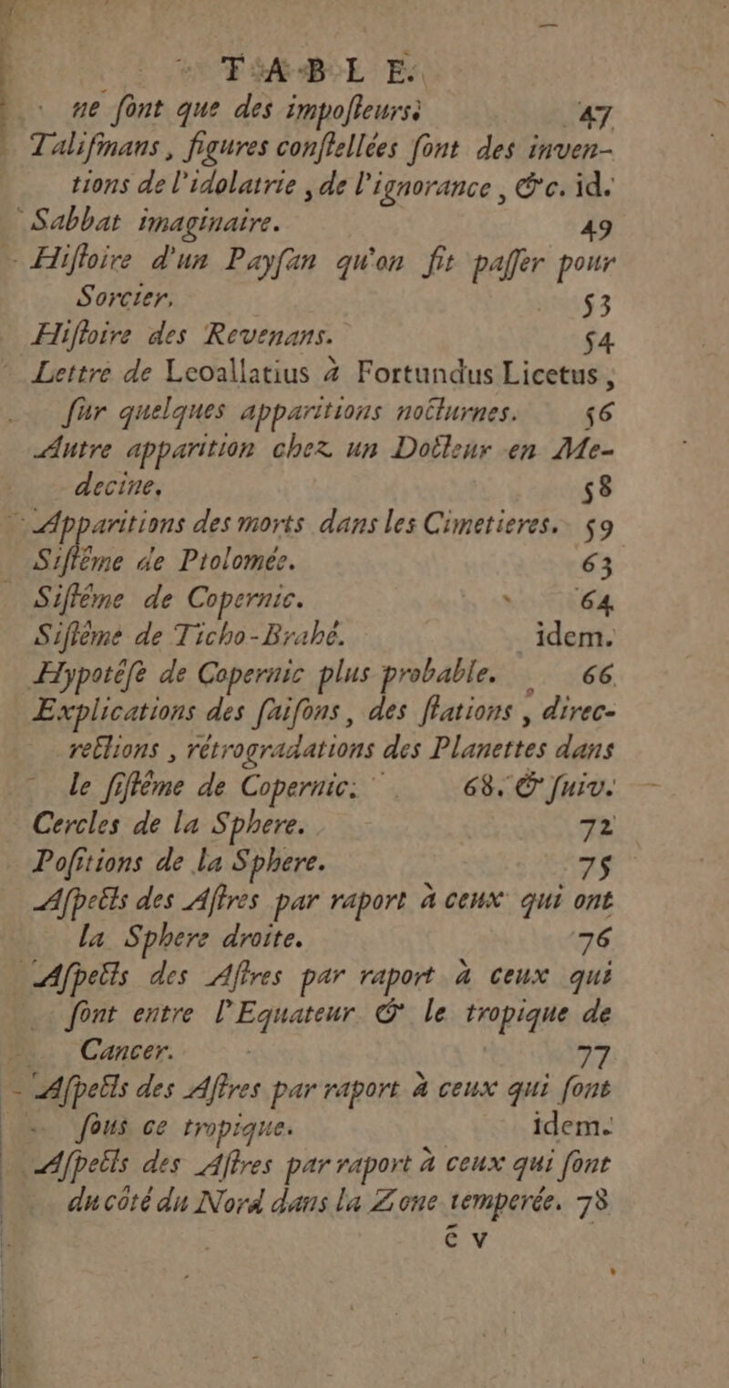 OUT MAL Es ne font que des impolleursi _47 … Talifinans, figures conffellées font des inven- tions de l'idolatrie ; de l'ignorance , €. id. Sorcier, 53 Hifloire des Revenans. fur quelques apparitions nocturnes. 56 Autre apparition chez un Doîleur en Me- decine, 58 Apparitions des morts dans les Cimetieres.… 59 Sme à de Ptolomee. 63 Siflême de Copernic. s. 164 Siffême de Ticho-Brahe. idem. ÆHypotéfé de Copernic plus probable. 66 Explications des faifons, des fiations , , direc- reblions , rétrogradations des Planettes dans le fiffême de Copernic: 68. Ë fuiv. Cercles de la Sphere. 72 Pofitions de la Sphere. À 20 Afpeëts des Affres par raport à ceux qui ont la Sphere droite. 76 _ font entre l'Equateur © le tropique de Cancer. | 77 fous ce tropique. idem. Afpeëls des _Affres par raport à ceux qui font du côté du Nord daus la Zone temperée. 78