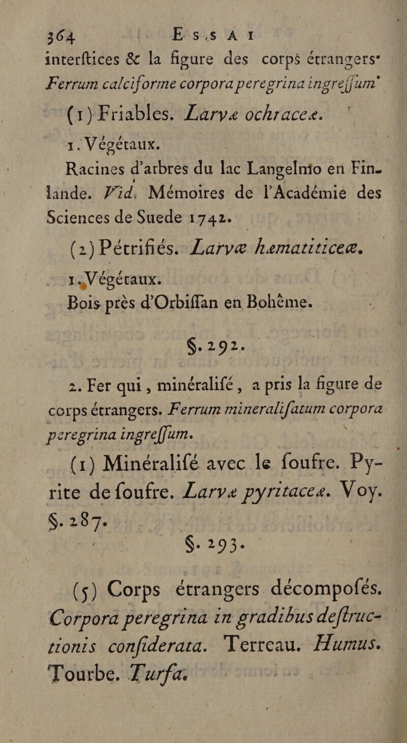 interftices &amp; la figure des corps étrangers Ferrum calciforme corpora peregrina i ngreff ae (1) Friables. ZLarvz ochracee. 1. Végétaux. Racines d arbres du lac Langelnio en Fin. Liides 7%d, Mémoires de l'Aicidémié \des Sciences de Suede 1742. (2) Pétrifiés. Larvæ hemariticeæ. I M ra Bois près d’Orbiffan en Bohème. Ç.292. 2. Fer qui, minéralifé, a pris la figure de Corps étrangers. Ferrum mineralifatum dot peres grina ingreffum. (1) Minéralifé avec le foufre. Py- rite de {oufre. Larve pyritaces. Vox. $. 287. | $. 293. (s) Corps étrangers décompofés. Corpora peregrina in gradibus deftruc- tionis confiderata. Terreau. Humus. Tourbe. Turfa.