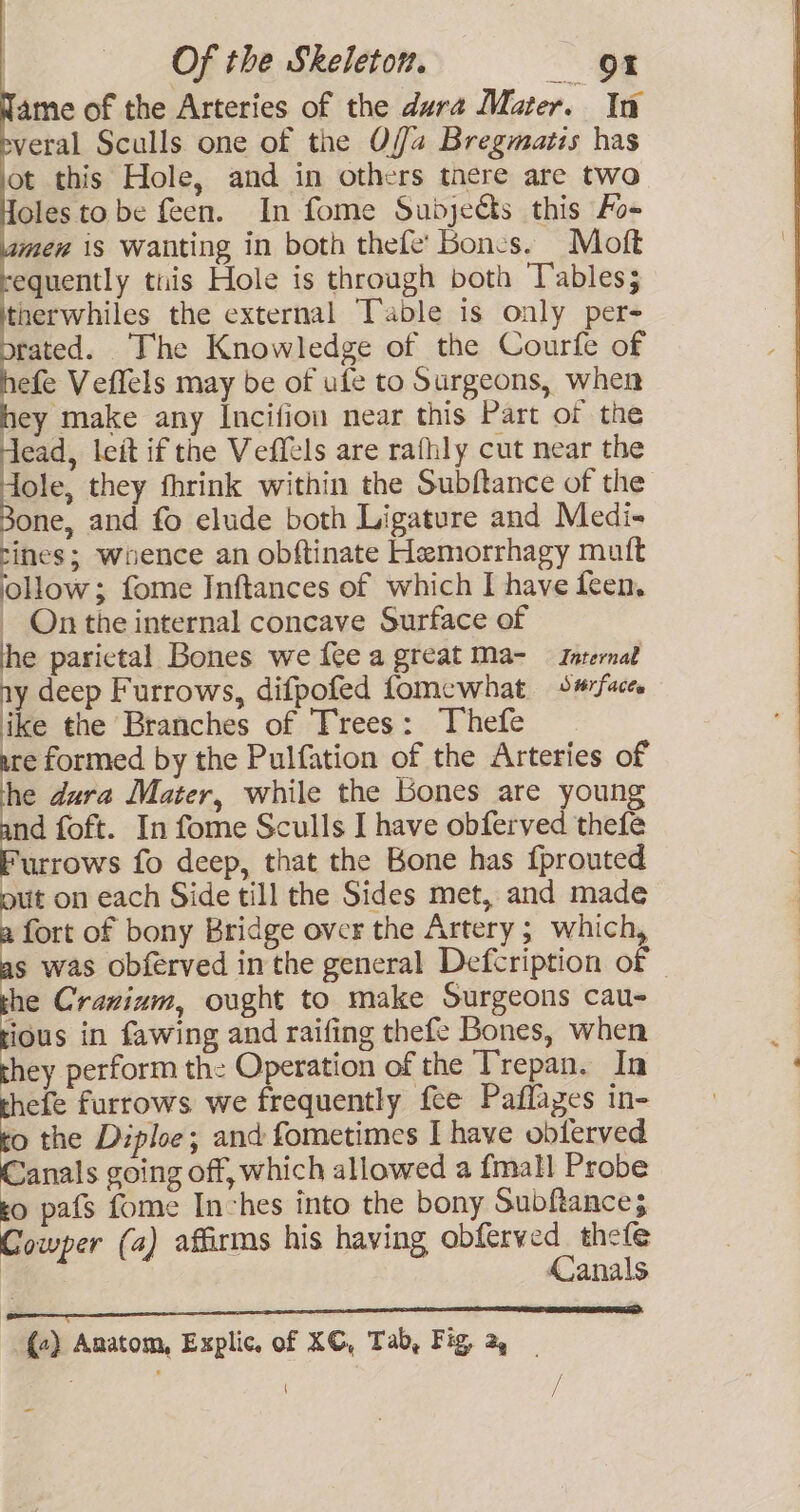 ame of the Arteries of the dara Mater. In veral Sculls one of the Offa Bregmatis has ot this Hole, and in others tnere are two oles to be feen. In fome Subjects this Foe mew is wanting in both thefe’ Bones. Mott sequently tuis Hole is through both Tables; itherwhiles the external Table is only per- orated. The Knowledge of the Courfe of hefe Veffels may be of ufe to Surgeons, when hey make any Incifion near this Part of the Head, leit if the Veffels are rafhly cut near the see they fhrink within the Subftance of the Bone, and fo elude both Ligature and Medi- tines; whence an obftinate Hemorrhagy mutt collow; fome Inftances of which I have feen. - Onthe internal concave Surface of he parictal Bones we fee a great Ma- Internat ay deep Furrows, difpofed fomewhat S#7faces ike the Branches of Trees: Thefe ure formed by the Pulfation of the Arteries of the dura Mater, while the bones are young and foft. In fome Sculls I have obferved thefe Furrows fo deep, that the Bone has fprouted put on each Side till the Sides met, and made a fort of bony Bridge over the Artery ; which, s was obferved inthe general Defcription of © the Cranium, ought to make Surgeons cau- ap: in fawing and raifing thefe Bones, when they perform the Operation of the T’repan. In thefe furrows we frequently fee Paflages in- fo the Diploe; ant fometimes I have obferved icnis going off, which allowed a fmall Probe to pafs fome Inches into the bony Subftances Cowper (a) affirms his having obferved_thefe yi om Canals (2) Anatom, Explic. of XC, Tab, Fig, a, |