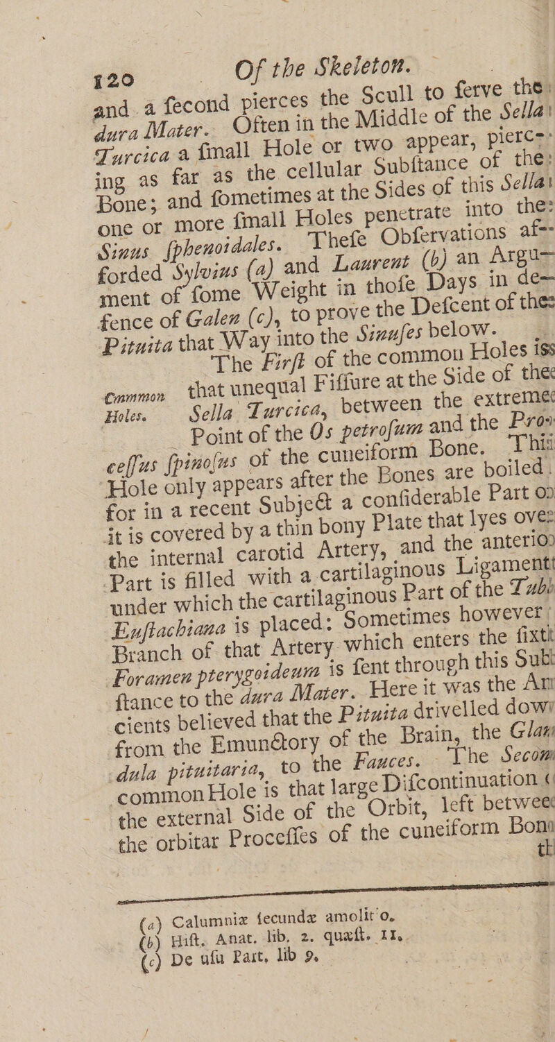 and a fecond pierces the Scull to ferve the: dura Mater. Often in the Middle of the Sed/a Tyyrcica-a tmall, Hole or two: SPPeats pierc=&gt; ing as far as the cellular Subitance of the; Bone; and fometimes at the Sides of this Sella one or more fimall Holes penetrate into the: Sinus {phenotdales. Thefe Obfervations af forded Syluzus (a) and Laurent (b) an Argu~ ment of fome Weight in thofe Days in de~ fence of Galen (c), to prove the Defcent of thes Pituita that Way into the Sinufes below. |. The Fir/t of the common Holes iss Cnmmon that unequal Fiffure at the Side of the Hole. — Sella. Turcica, between the extreme - Point of the Os petrofum and the Pro» ceffus {pinolns ot the cuneiform Bone. Thi Hole only appears after the Bones are boiled. for in a recent Subject a confiderable Part 09 St is covered by a thin bony Plate that lyes over the internal carotid Artery, and the anterio0 Part is filled with a cartilaginous Ligamenti under which the cartilaginous Part of the Tube Exnftachiana is placed: Sometimes however | Branch of that Artery which enters the fixtk Foramen pterygoideum is fent through this Subi ftance to the dura Mater. Here it was the Ant cients believed that the Pituita drivelled dow? from the Emunétory of the Brain, the Glam dula pituitaria, to the Fauces. Lhe Secom ‘common Hole is that large Difcontinuation ¢ the external Side of the Orbit, left betwee the orbitar Procefits of the cuneiform Bona , | 3 tk aate = een ACEO i a) Calumniz {ecundg amolit'o. b) Hitt. Anat. lib. 2. quaft. 11. (&lt;) De uf Past, lib 9,