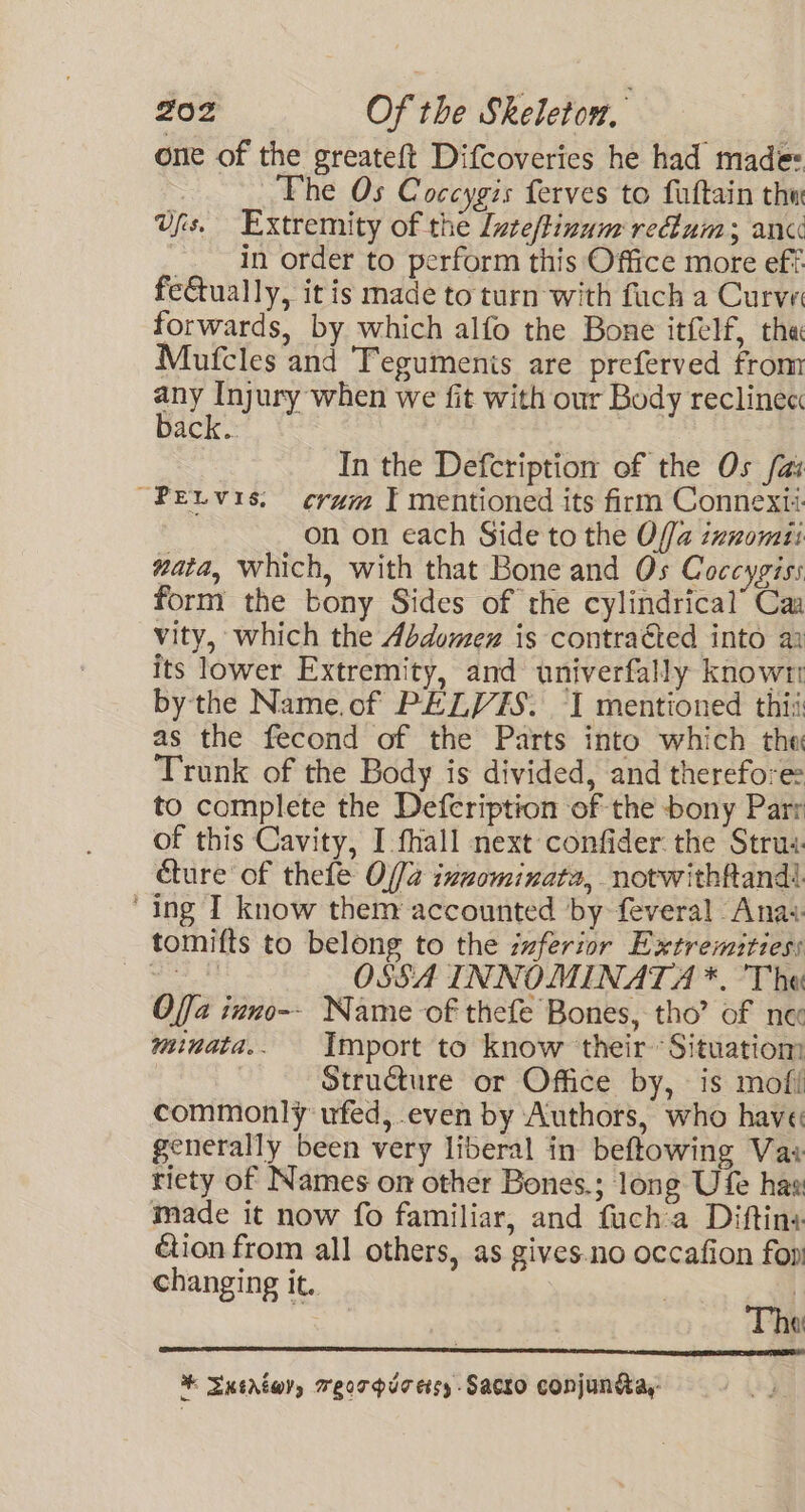 one of the greateft Difcoveries he had made: } Phe Os Coccygis ferves to fuftain thw vfs. Extremity of the Luteftinum redum; anc _. in order to perform this Office more eff. feGtually, itis made to turn with fuch a Curvri forwards, by which alfo the Bone itfelf, tha Mutfcles and Tegumenis are preferved from fal ny ury when we fit with our Body reclinec: ack.. In the Defcription of the Os fa: ~PELvis. ¢rum I mentioned its firm Connexii: on on ¢ach Side to the Offa txnomii gaia, which, with that Bone and Os Coccygiss form the bony Sides of the cylindrical” Caa vity, which the Abdomen is contraéted into ai its lower Extremity, and univerfally known by the Name.of PELVIS. I mentioned thii as the fecond of the Parts into which the: Trunk of the Body is divided, and therefore: to complete the Defcription of the bony Parr of this Cavity, I fhall next confider. the Stru: cture of thele Offa izwominata,. notwithftandl. ‘ing I know them accounted by feveral Ana: tomifts to belong to the uferior Extremities: eet OSSA INNO MINATA *. The Offa inno-- Name of thefe Bones, tho’ of ne minata.. Import to know their-Situatiom | Structure or Office by, is mofi commonly ufed, even by Authors, who have generally been very liberal in beftowing Vav riety of Names on other Bones.; long Ufe hae made it now fo familiar, and fucha Diftins étion from all others, as gives.no occafion fon) changing it. i The * SetAt@ry WeoTpug etsy Sacro conjunka,-