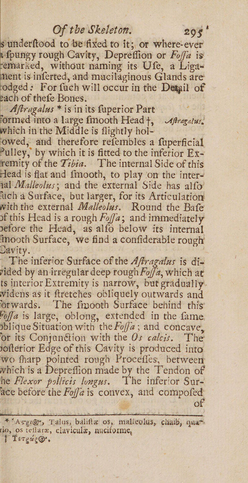 sunderftood to be'fixed to it;, or where-ever fpungy rough Cavity, Depreffion or Fo/fa is emarked, without naming its Ufe, a Liga lent is inferted, and mucilaginous Glands are odged: For fuch will occur in the Deagil of ~ pach of thefe Bones. : — Aftragalas * is in its faperior Part formed into a large fmooth Head}, -4fragatur. a in the Middle is flightly hol- | owed, and therefore refembles a fuperficial Pulley, by which it is fitted to the inferior Ex- remity of the Zz4ia2. The internal Side of this rlead is flat and fmooth, to play ‘on the inter- tal Malleolus; and the external Side has alfo uch a Surface, but larger, for its Articulation with the external Méalleolzs. Round the Bafe of this Head is a rough Fo//a; and immediately sefore the Head, as alfo below its internal iMmooth Surface, we find a confiderable rough Cavity. : ‘ The inferior Surface of the Afragalus is di- vided by an irregular deep rough Fo//a, which at ts interior Extremity is narrow, but gradually. Widens as it ftretches obliquely outwards and orwards. ‘The fmooth Surface behind this Kaffa is large, oblong, extended in the fame. Sblique Situation with the Fof/a; and concave, or its Conjan@tion with the Os calcis. The jofterior Edge of this Cavity is produced into wo fharp pointed rough Procefies, between Which is a Depreflion made by the Tendon of he Flescor pollicis luugus. ‘Vhe inferior Sur- ace before the Foffa is convex, and eet es ‘ Oo *Acg:@, Talus, balifte os, malleolus, chaib, quam Ho, OS teflare, clavicule, nuciforme, i Teteae@,