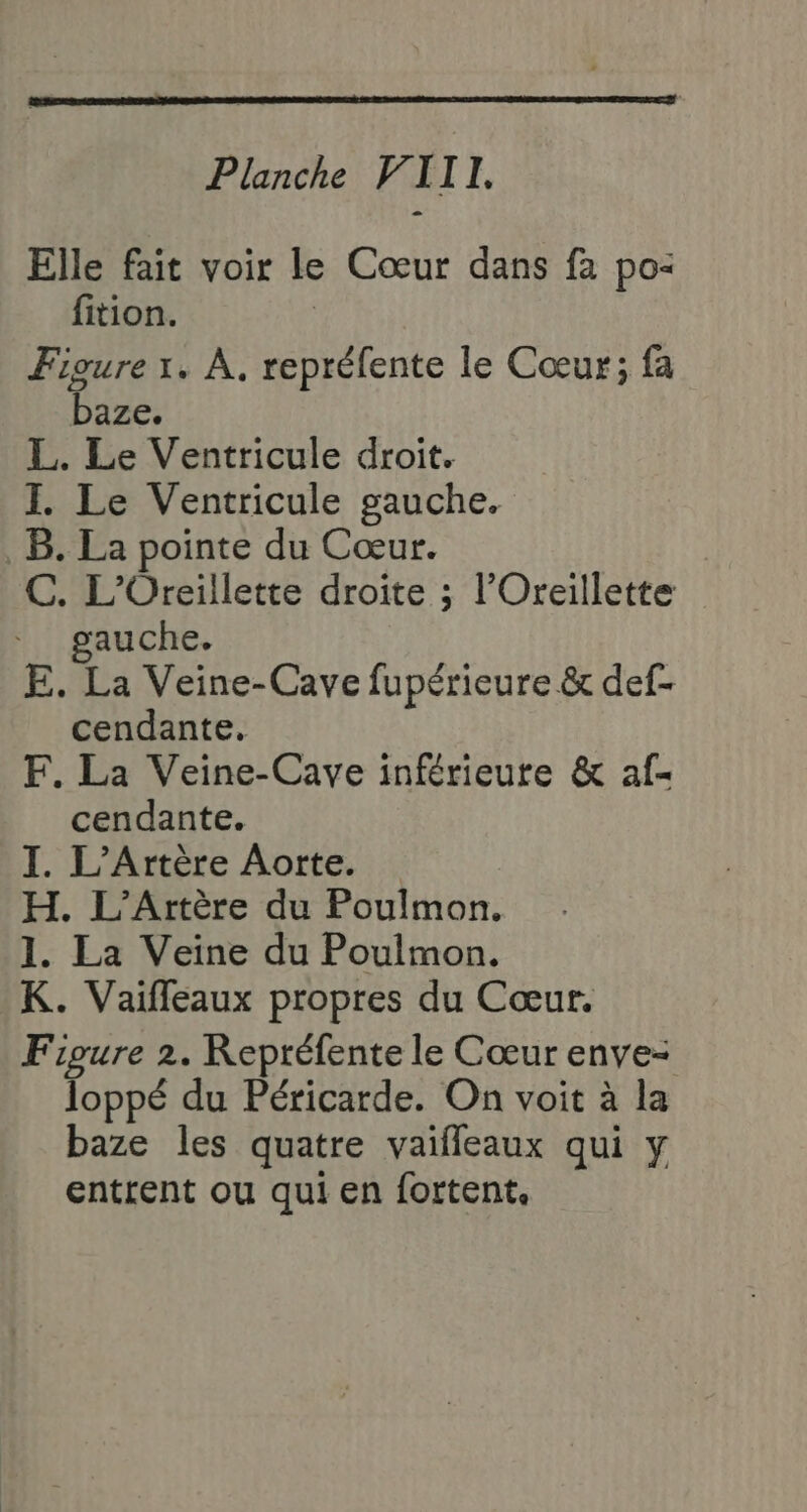 Elle fait voir le Cœur dans fa po: fition. Figure 1. À. repréfente le Cœur; fa baze. L. Le Ventricule droit. I. Le Ventricule gauche. B. La pointe du Cœur. | C. L'Oreillette droite ; l’'Oreillette gauche. E. La Veine-Cave fupérieure &amp; def- cendante. F. La Veine-Cave inférieure &amp; af- cendante. I. L’Artère Aorte. H. L’Artère du Poulmon. 1. La Veine du Pouimon. K. Vaiffleaux propres du Cœur. Figure 2. Repréfente le Cœur enve= loppé du Péricarde. On voit à la baze les quatre vaifleaux qui y entrent ou qui en fortent.
