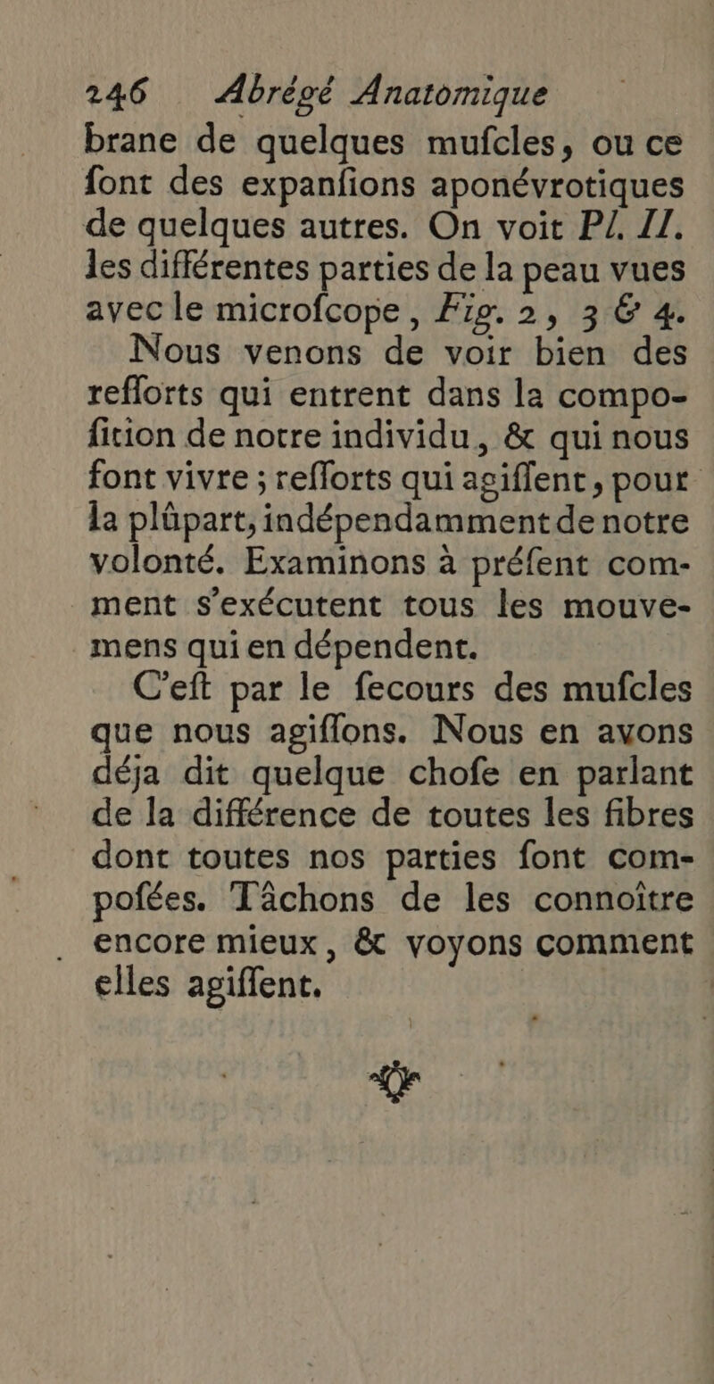 brane de quelques mufcles, ou ce font des expanfions aponévrotiques de quelques autres. On voit PJ. II. les différentes parties de la peau vues avec le microfcope , Fo. 2, 3 6 4. Nous venons de voir bien des reflorts qui entrent dans la compo- fition de notre individu, & qui nous font vivre ; reflorts qui agiflent, pour la plüpart;, indépendamment de notre volonté. Examinons à préfent com- ment s’exécutent tous les mouve- mens qui en dépendent. C'eft par le fecours des mufcles que nous agiflons. Nous en avons déja dit quelque chofe en parlant de la différence de toutes les fibres dont toutes nos parties font com- pofées. Tâächons de les connoitre encore mieux, & voyons comment elles agiflent. Là