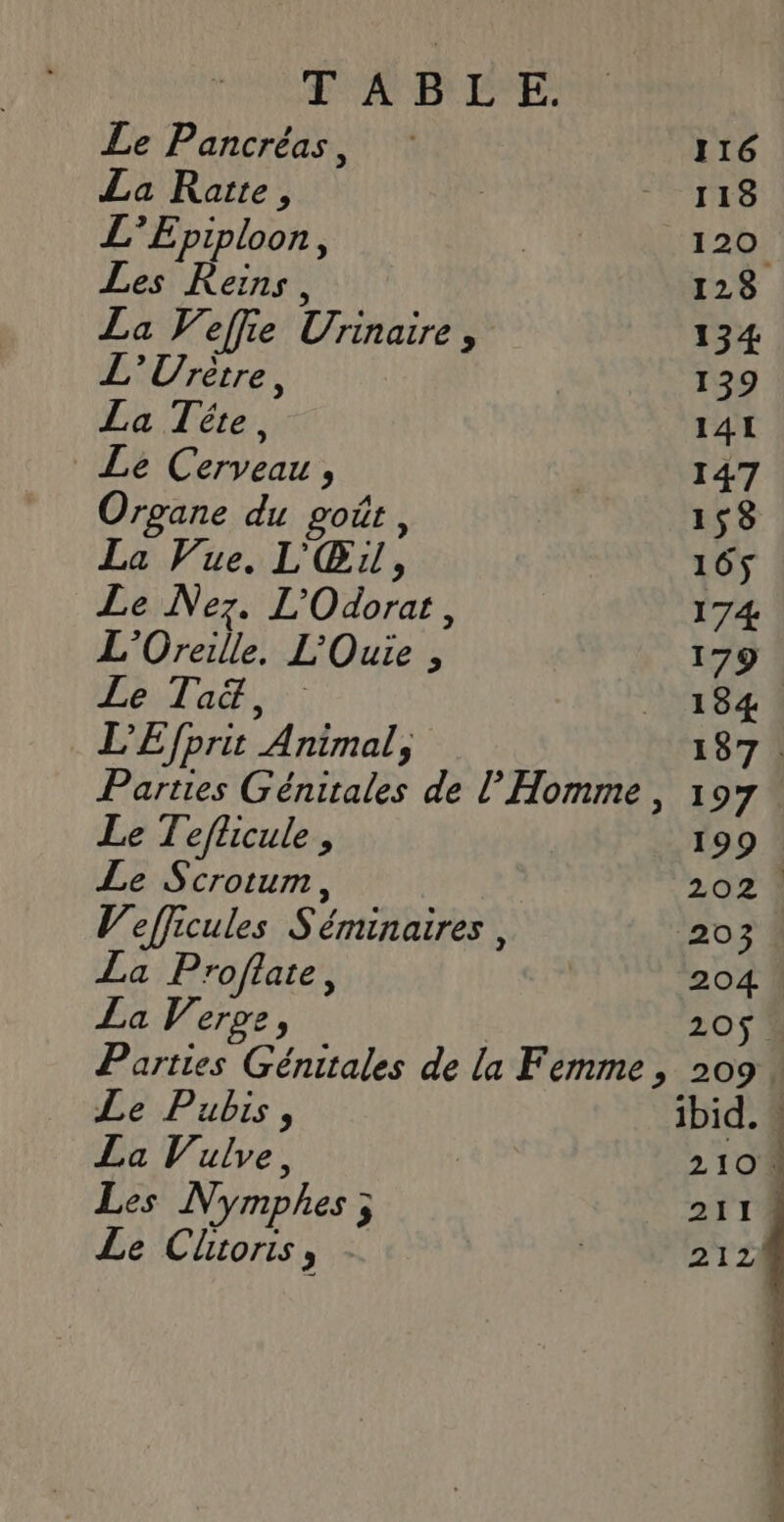 | Le Pancréas, 116 La Rarte, 118 L’Epiploon, 120 Les Reins, 128 La Veffie Urinaire, 134 L’'Urètre, 139 La Téte, 141 Le Cerveau , 147 Organe du goût, 158 La Vue. L'Œx, 165$ Le Nez, L'Odorat, 174 L'Oreille, L'Ouie , 179 Le Ta, ;: 184 L’Efprit Animal, 137 : Parties Génitales de l'Homme , 197 Le Teflicule , 199 Le Scrotum, 20271 Vefficules Séminaires, ‘207 1 La Proflate, 204 La Verge, 205$ Parties Génitales de la Femme, 209. Le Pubis, ibid. La Vulve, 210 Les Nymphes ; 2114 Le Cho ; ‘ 212