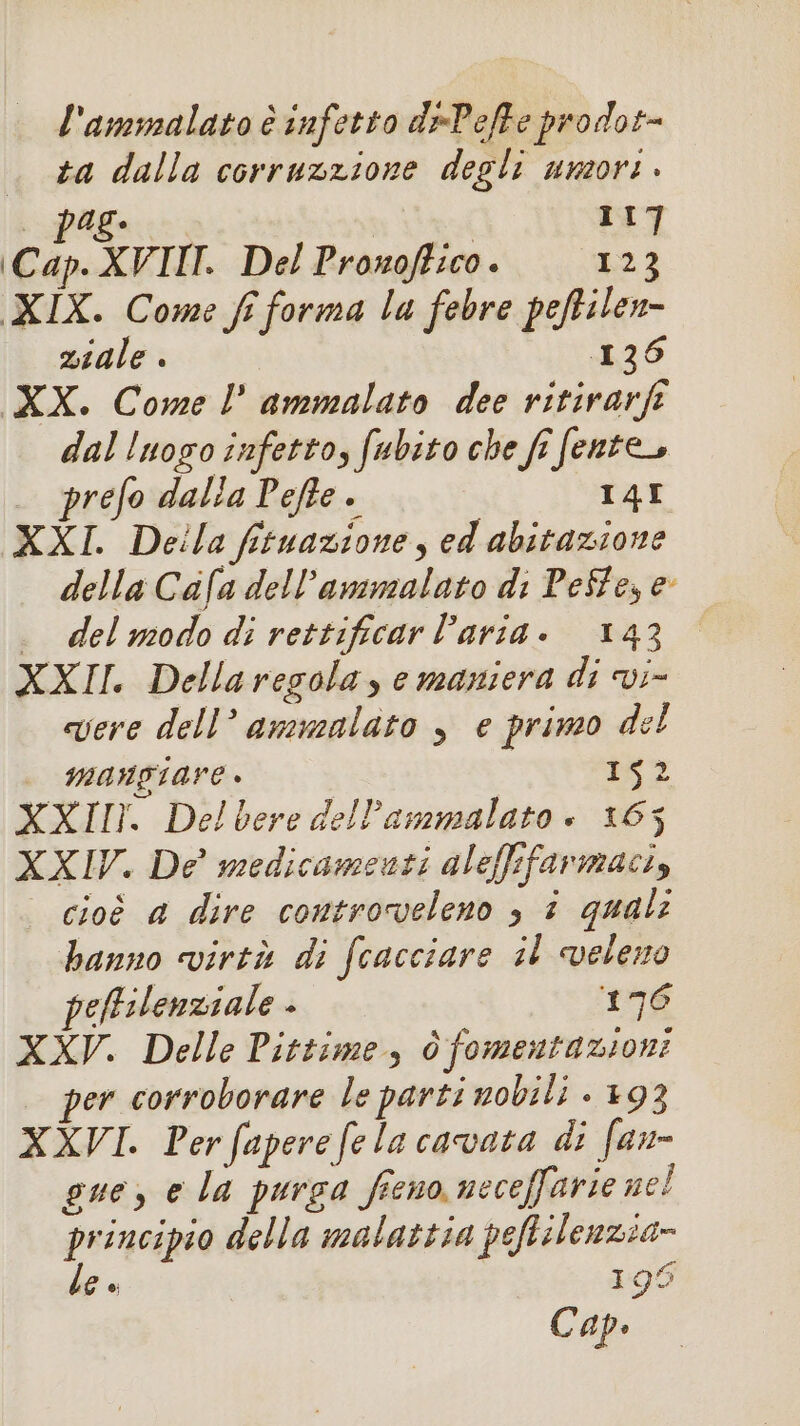 l'ammalato è infetto dePefte prodot- . +a dalla corruzzione degli umori. . pae. I 117 (Cap. XVIII. Del Pronoftico. da.ì XIX. Come fi forma la febre peftilen- viale . 136 XX. Come l’ ammalato dee ritirarfi dal luogo infetto, fubito che fi fente, prefo dalla Pefte . 14I XXI. Deila fituazione, ed abitazione della Cafa dell’ammalato di Peffes e . delmododi rettificar l’aria. 143 XXII. Dellaregola, e maniera di vi- vere dell’ ammalato , e primo del mangiare 152 XXIIN. Delbere dell’ammalato è 165 XXIV. De medicamenti ale[fifarmaci, | cioè a dire controcveleno , è quale hanno virtà di fcacciare il veleno peftilenziale - 196 XXV. Delle Pittimes è fomentazione per corroborare le parti nobili + 193 XXVI. Per faperefelacavata di fan- gue, e la purga fieno, neceffarie nel LOLA della malattia peflilenzia- G è; I go